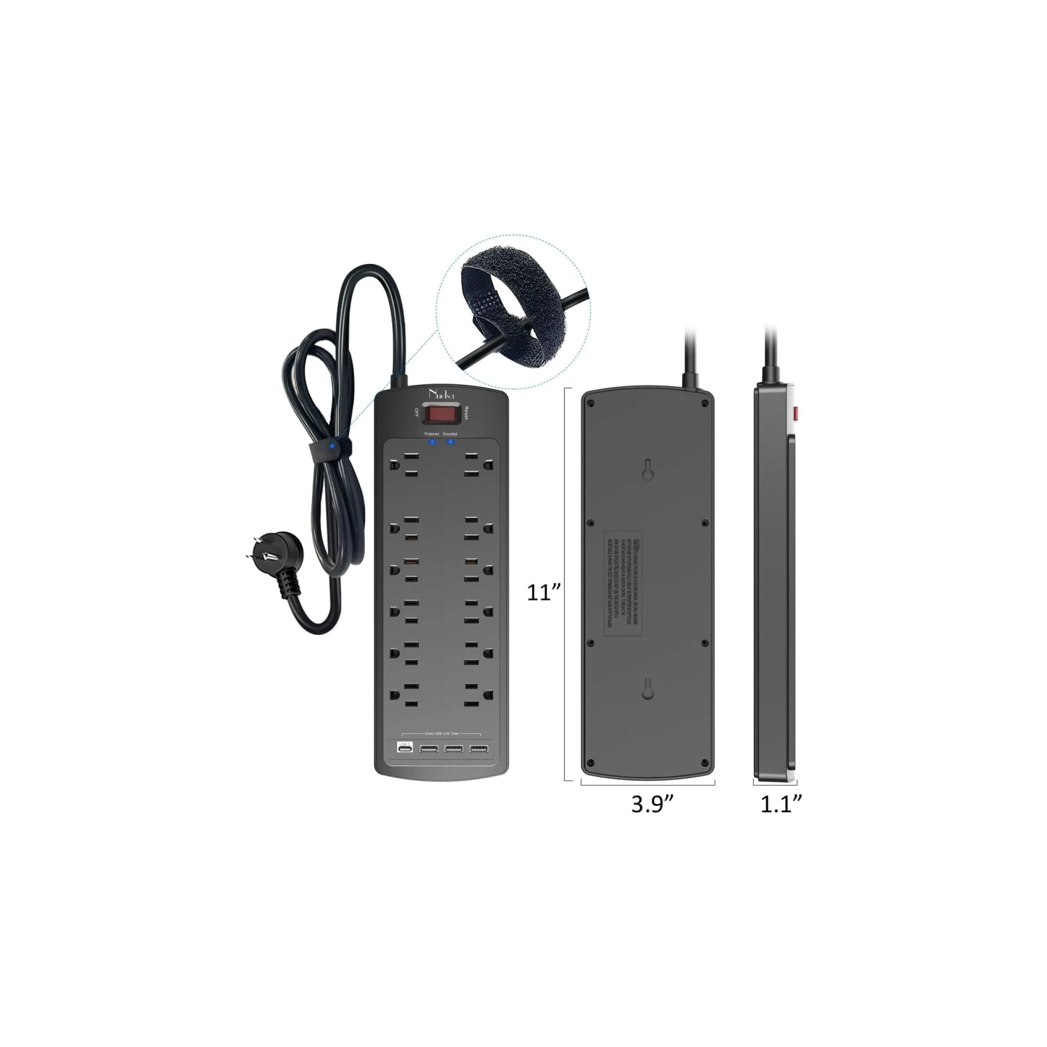 Barre d'alimentation avec parasurtenseur de pointe : 12 prises, 4 ports USB, rallonge de 6ft pi, 2700 joules, ETL, idéal pour les dortoirs, Noir