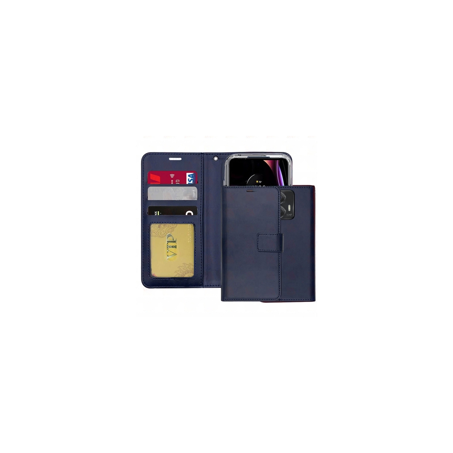 [CSmart] Magnetic Card Slot Leather Folio Wallet Flip Case Cover for Motorola Moto Edge 2023, Navy
