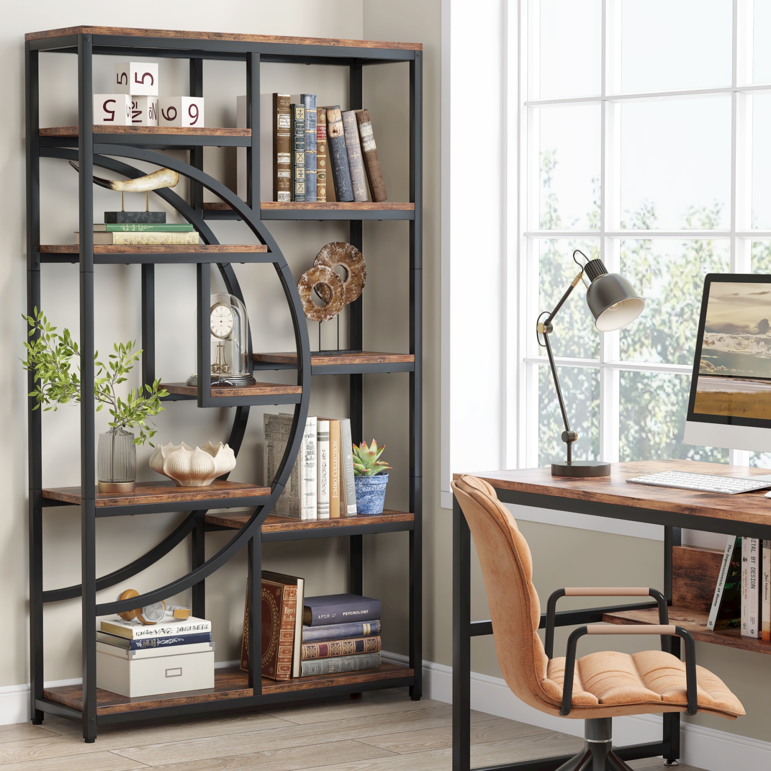Tribesigns Bookshelf Industrial 5 Tier Etagere Bookcase, Freestanding Tall Bookshelves Display Shelf Storage Organizer with 9-Open Storage Shelf
