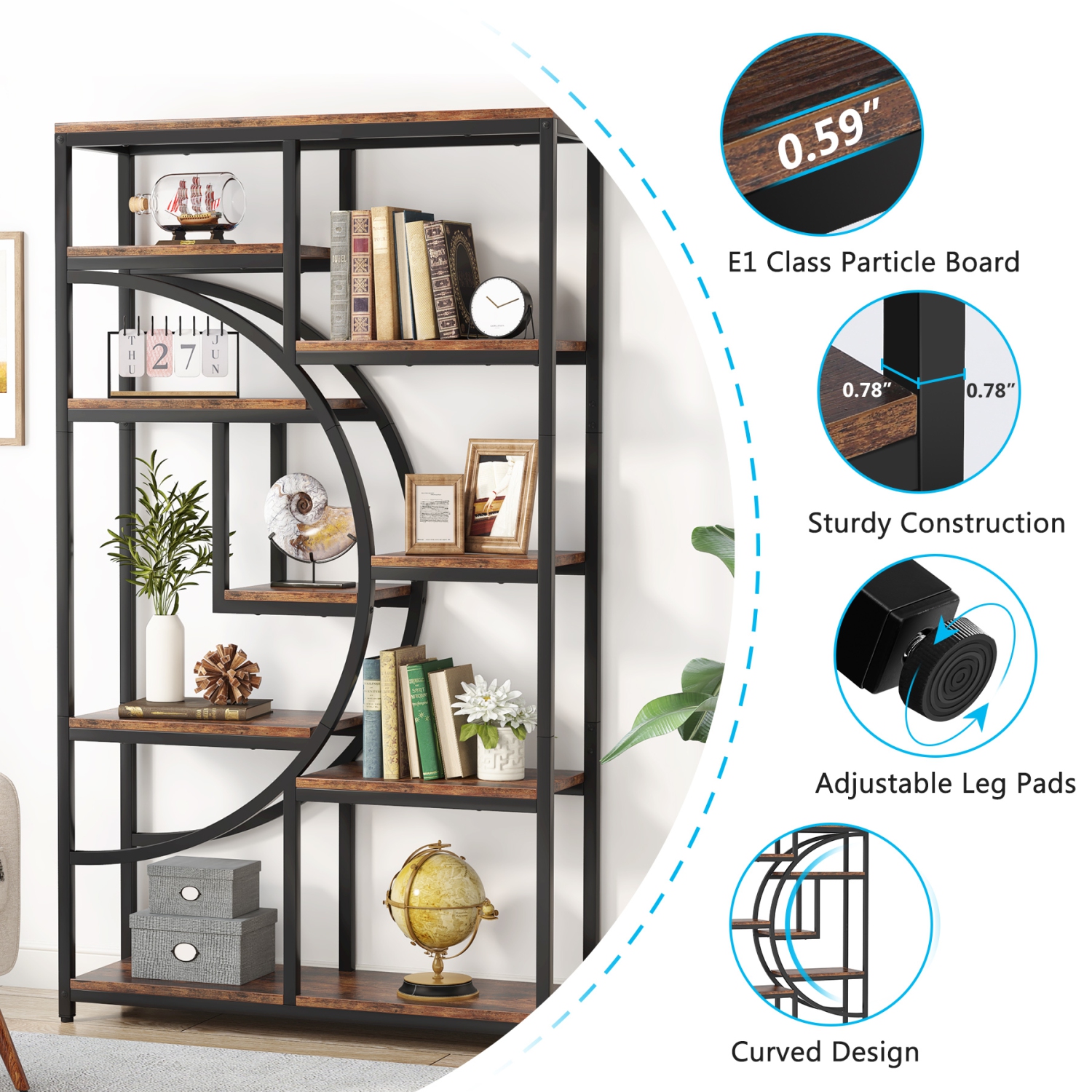 Tribesigns Bookshelf Industrial 5 Tier Etagere Bookcase, Freestanding Tall Bookshelves Display Shelf Storage Organizer with 9-Open Storage Shelf