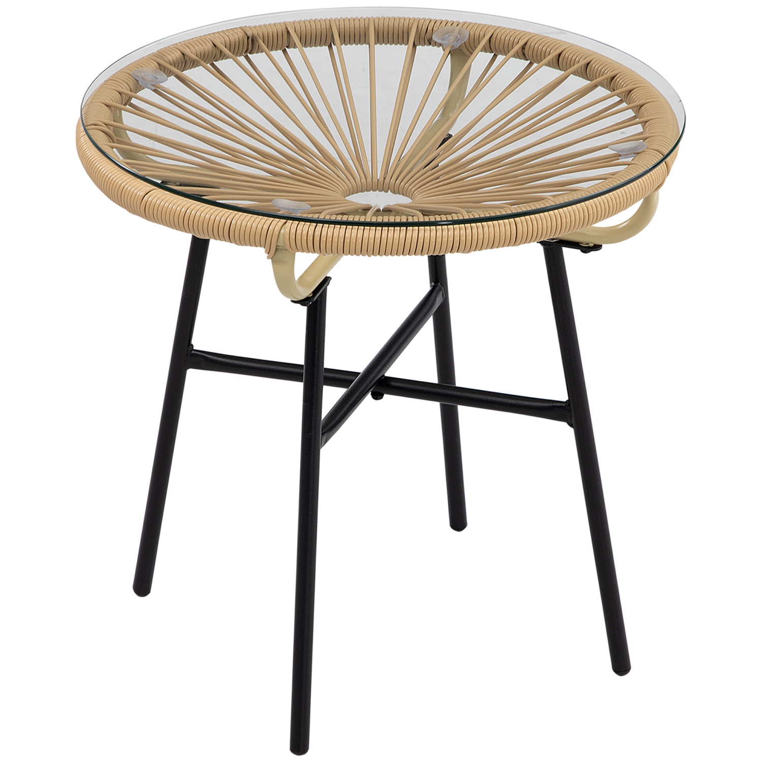 Outsunny Rattan Side Table, Outdoor Round Coffee Table, with Round PE Rattan and Tempered Glass Tabletop for Patio, Garden, Balcony, Beige
