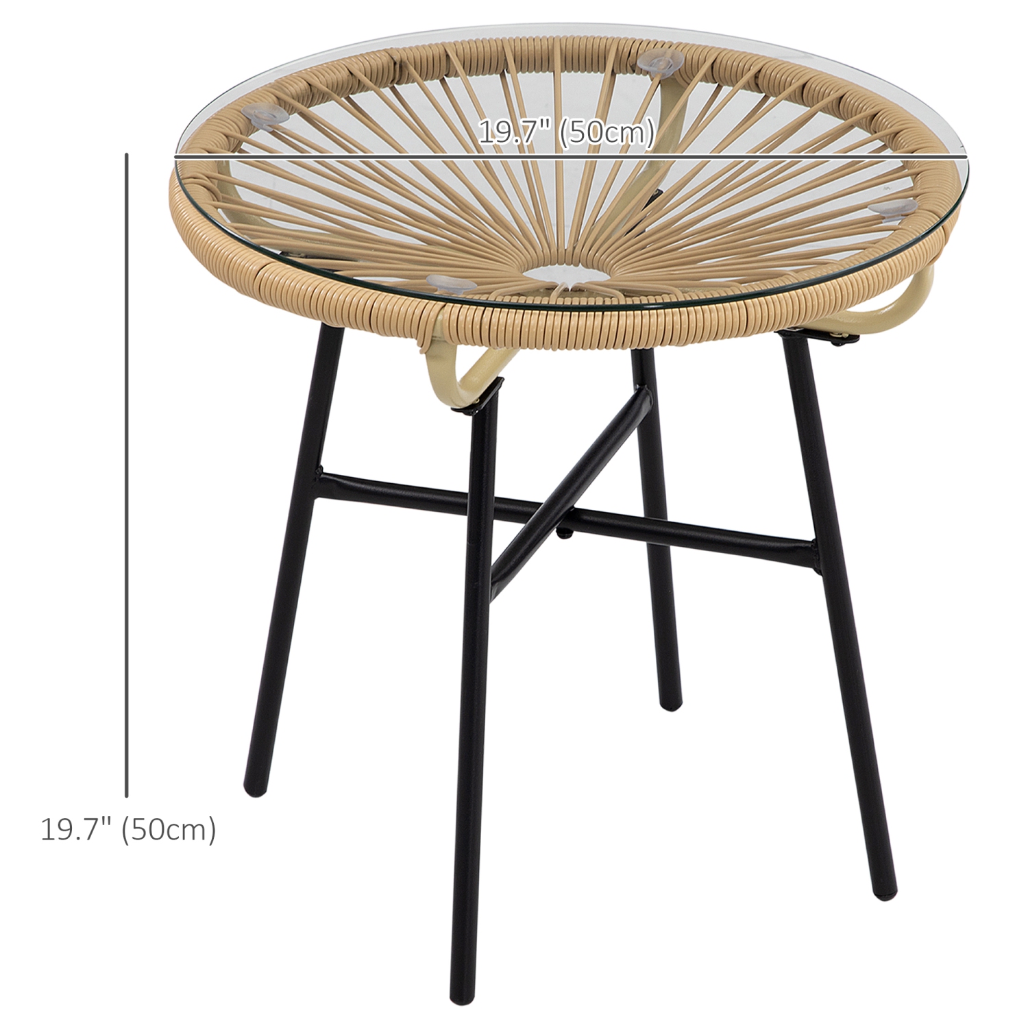 Outsunny Rattan Side Table, Outdoor Round Coffee Table, with Round PE Rattan and Tempered Glass Tabletop for Patio, Garden, Balcony, Beige
