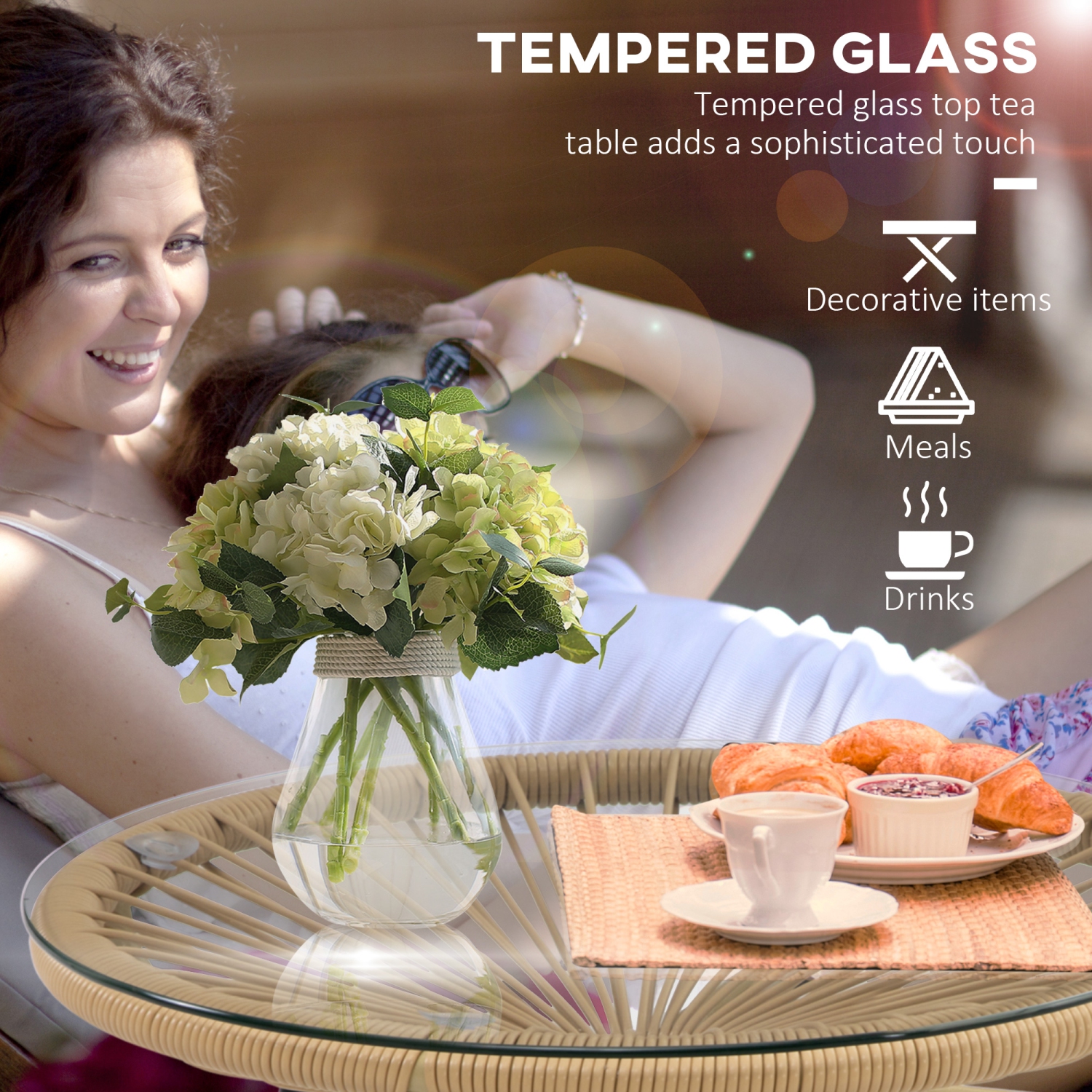 Outsunny Rattan Side Table, Outdoor Round Coffee Table, with Round PE Rattan and Tempered Glass Tabletop for Patio, Garden, Balcony, Beige