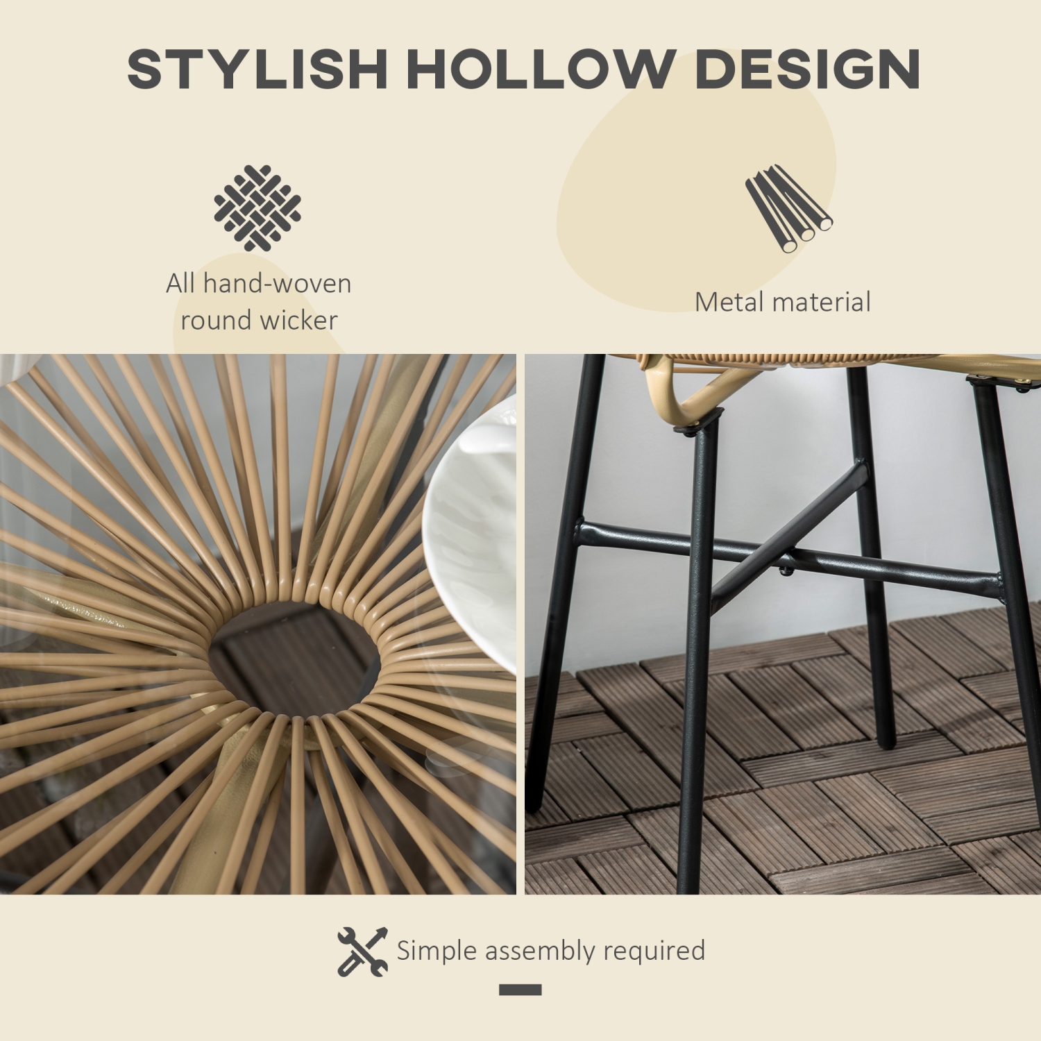 Outsunny Rattan Side Table, Outdoor Round Coffee Table, with Round PE Rattan and Tempered Glass Tabletop for Patio, Garden, Balcony, Beige