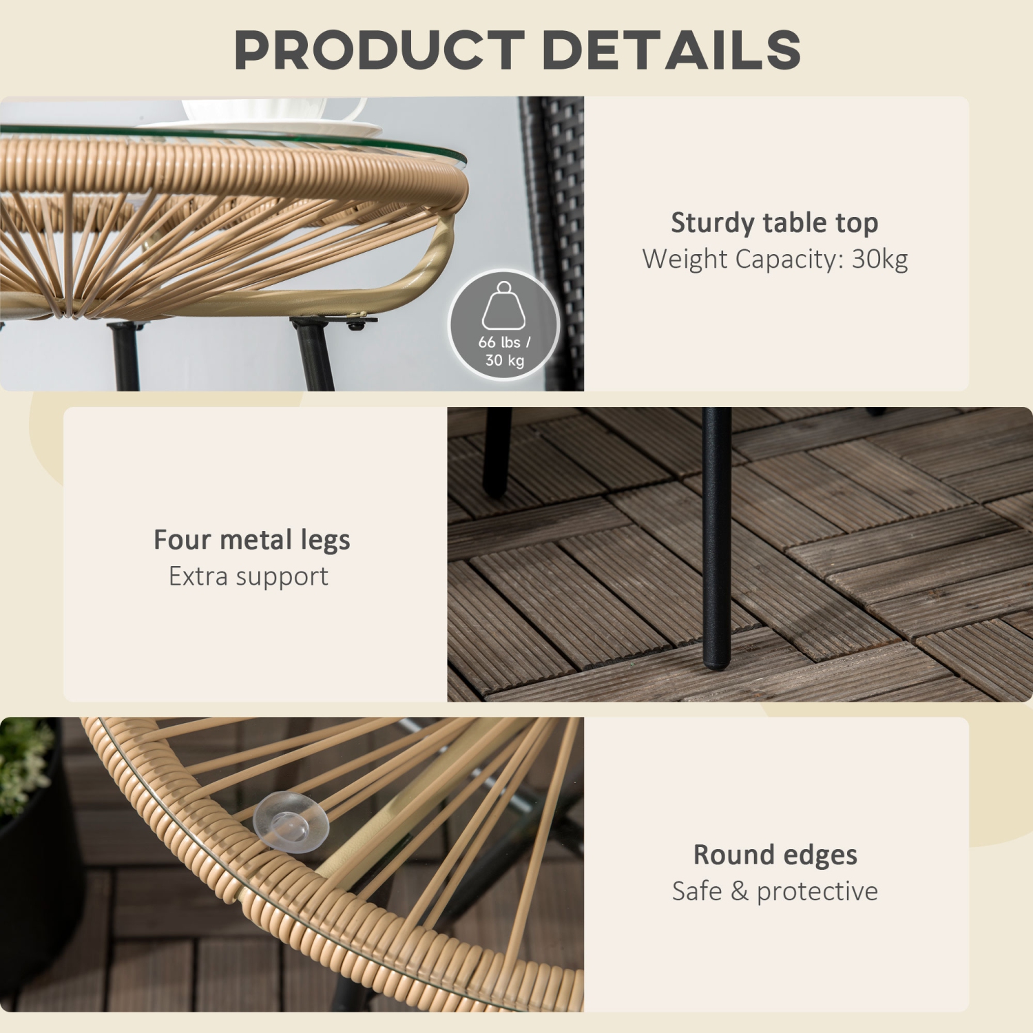 Outsunny Rattan Side Table, Outdoor Round Coffee Table, with Round PE Rattan and Tempered Glass Tabletop for Patio, Garden, Balcony, Beige