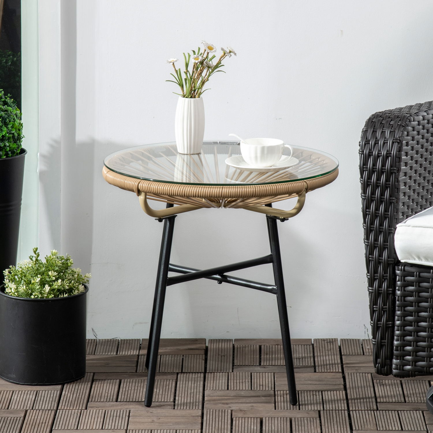 Outsunny Rattan Side Table, Outdoor Round Coffee Table, with Round PE Rattan and Tempered Glass Tabletop for Patio, Garden, Balcony, Beige