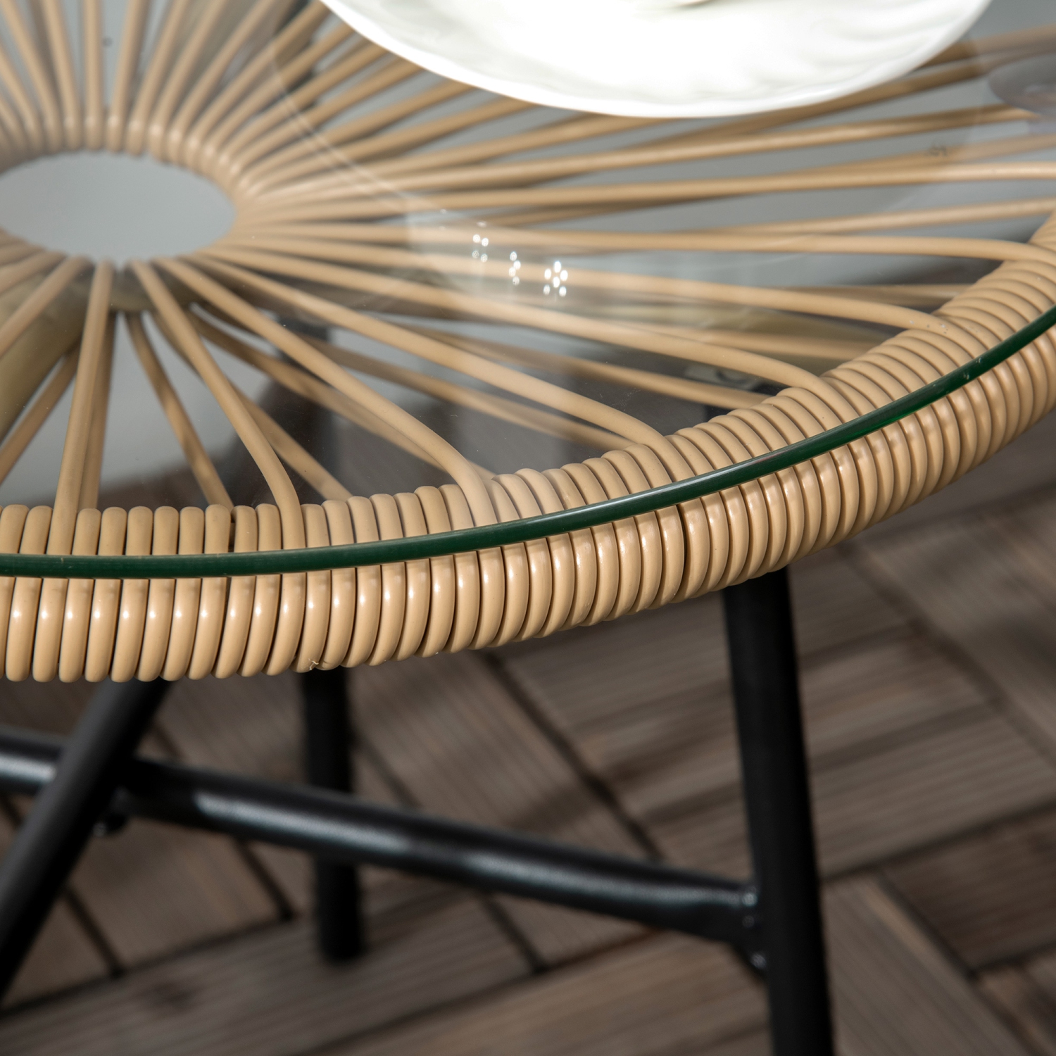 Outsunny Rattan Side Table, Outdoor Round Coffee Table, with Round PE Rattan and Tempered Glass Tabletop for Patio, Garden, Balcony, Beige