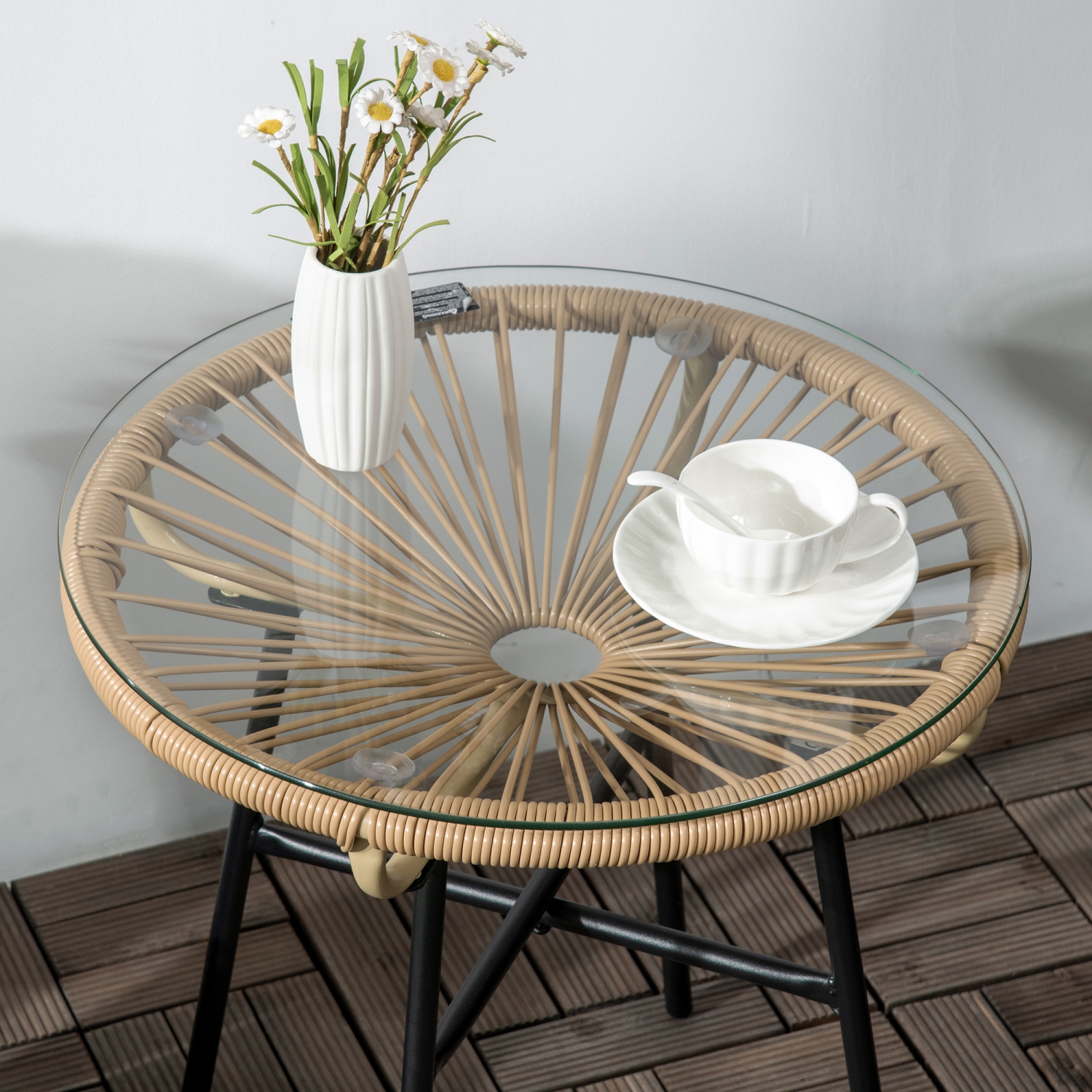 Outsunny Rattan Side Table, Outdoor Round Coffee Table, with Round PE Rattan and Tempered Glass Tabletop for Patio, Garden, Balcony, Beige