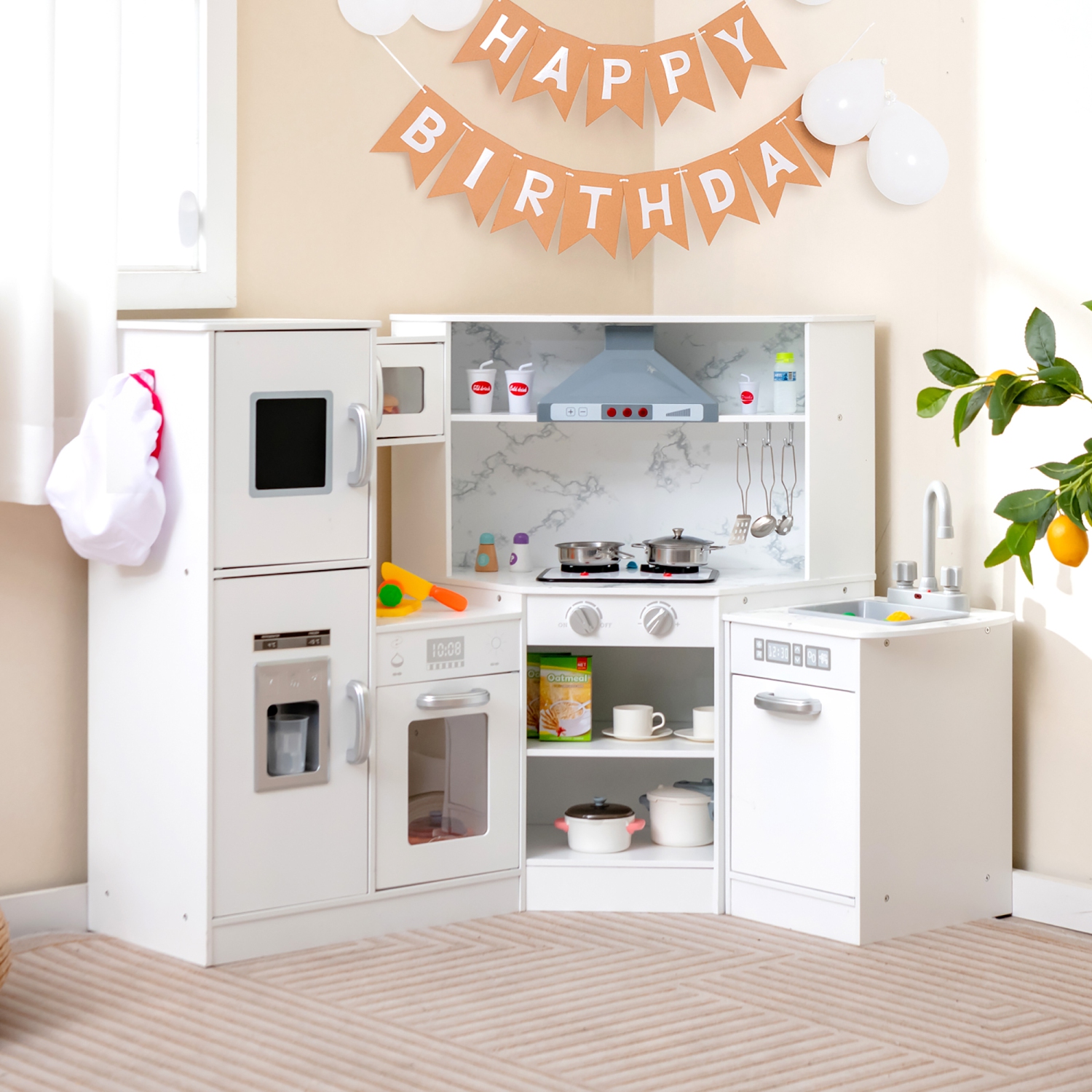 Gymax Kids Corner Kitchen Playset Wooden Pretend Play Toy with Microwave