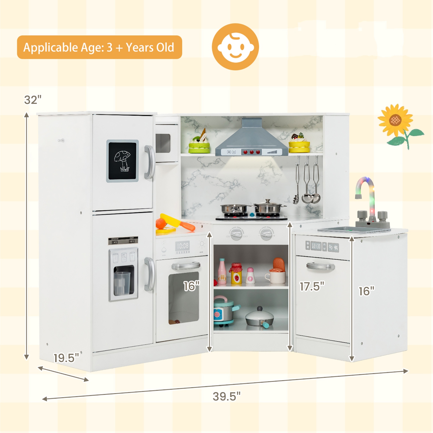 Gymax Kids Corner Kitchen Playset Wooden Pretend Play Toy with Microwave
