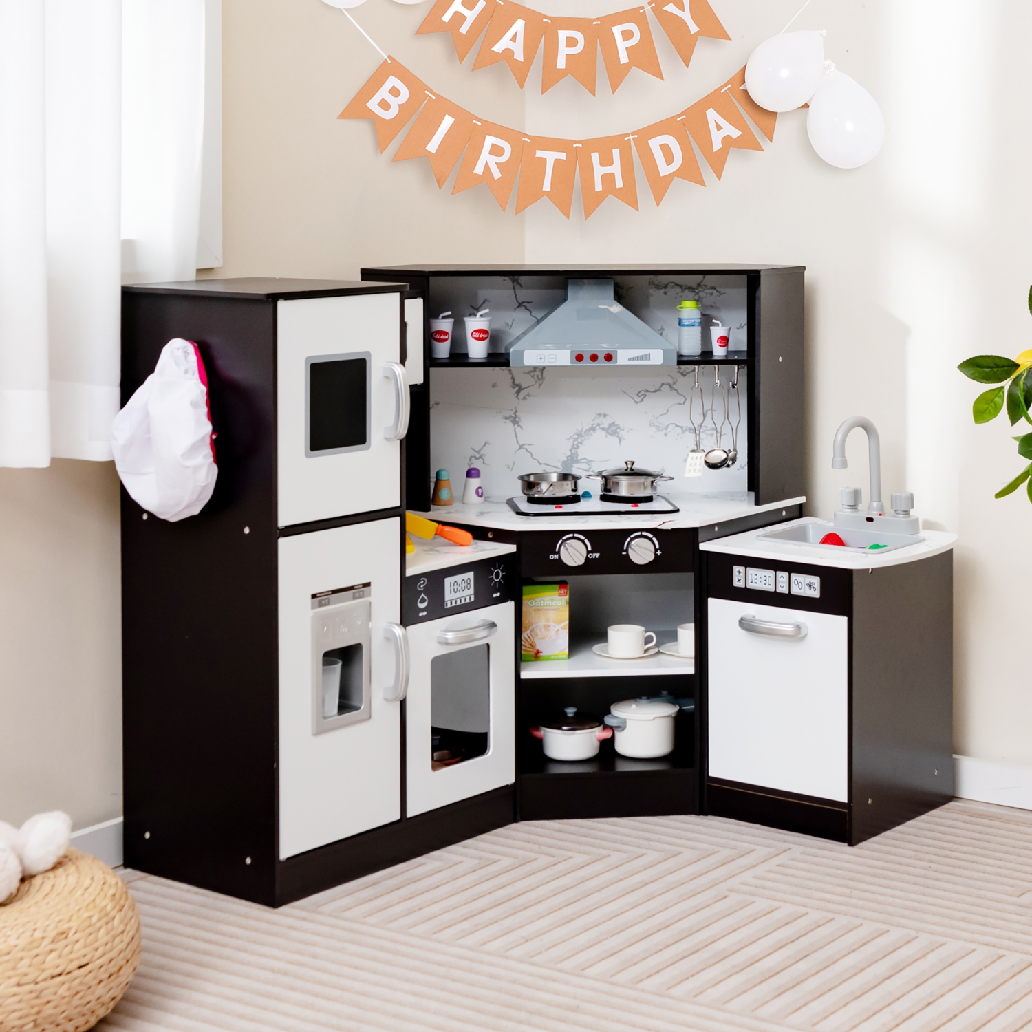 Gymax Kids Corner Kitchen Playset Wooden Pretend Play Toy with Microwave