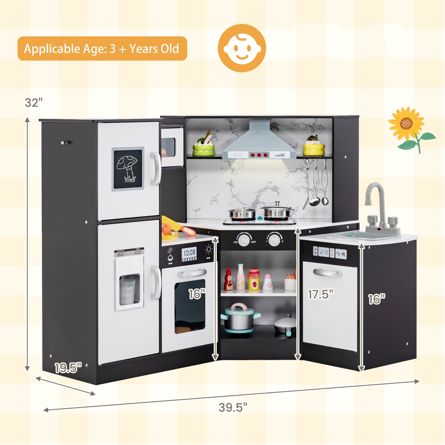 Gymax Kids Corner Kitchen Playset Wooden Pretend Play Toy with Microwave