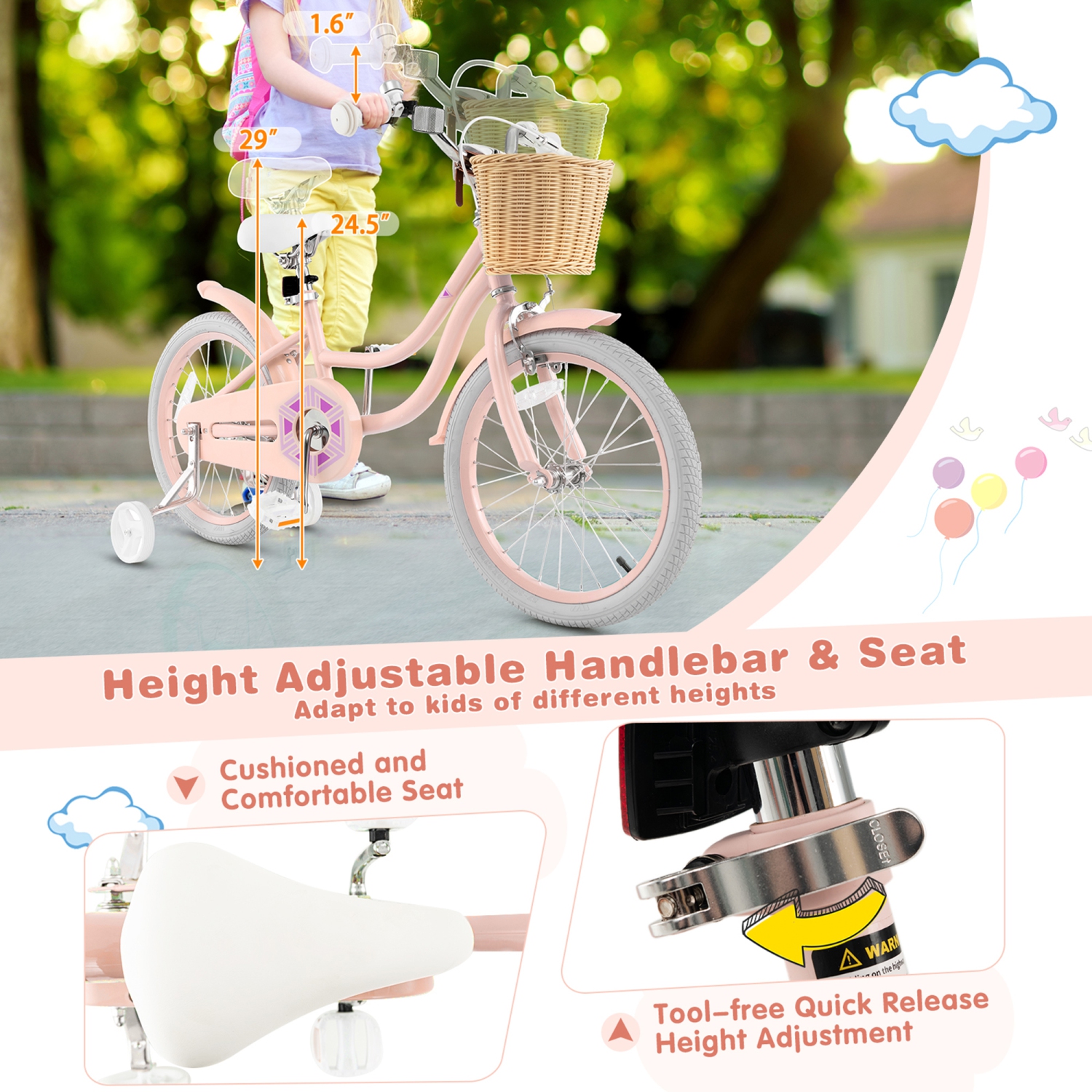 Gymax Retro Style Kids Bike Bicycle w/ Height Adjustable Handlebar & Seat Pink