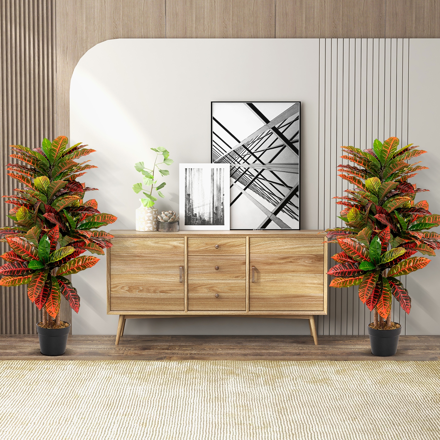 Gymax 40'' Tall Artificial Croton Plant w/ Colorful Variegated Leaves & Natural Wood Trunks