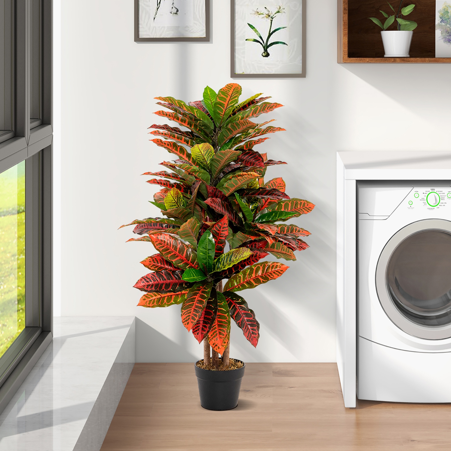 Gymax 40'' Tall Artificial Croton Plant w/ Colorful Variegated Leaves & Natural Wood Trunks