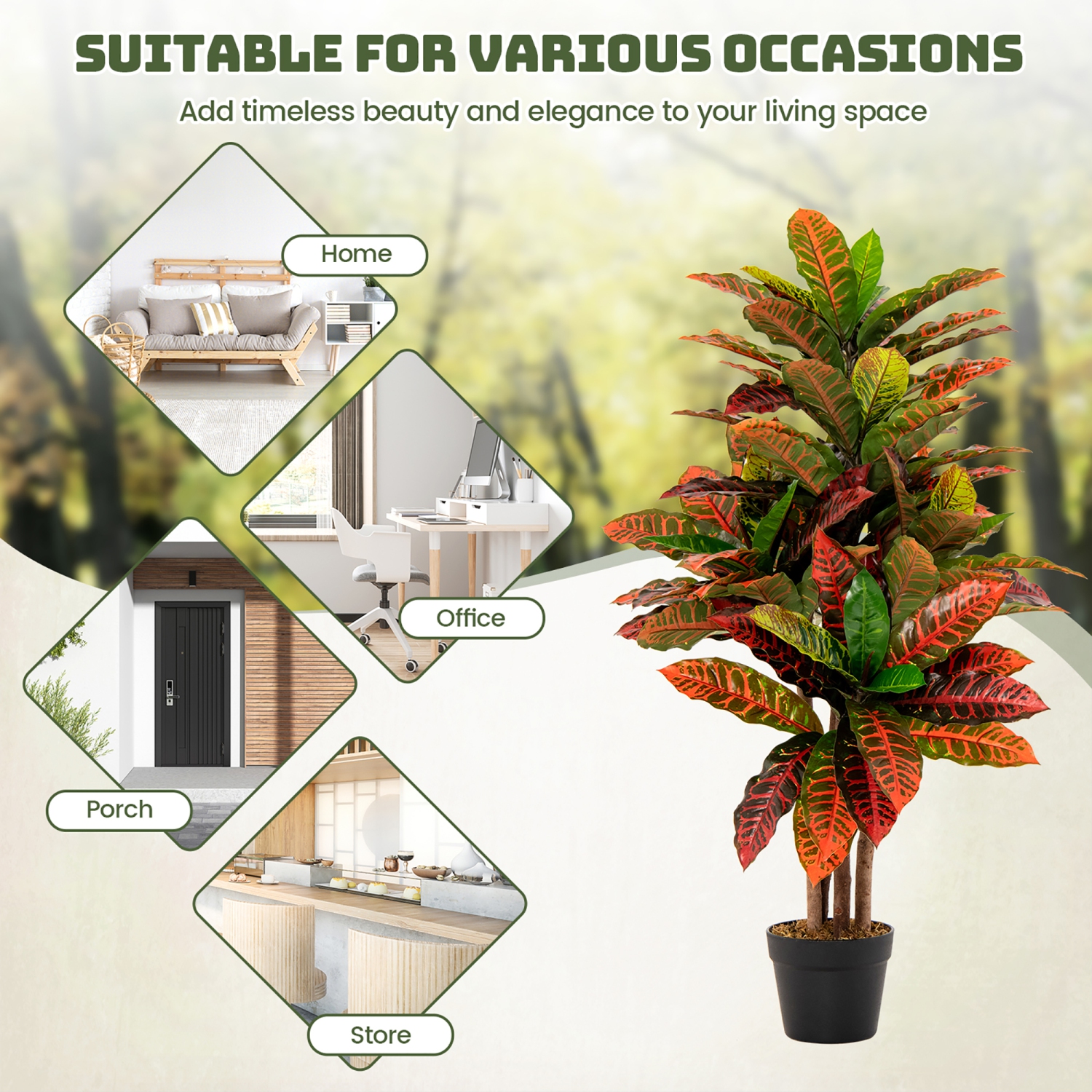Gymax 40'' Tall Artificial Croton Plant w/ Colorful Variegated Leaves & Natural Wood Trunks
