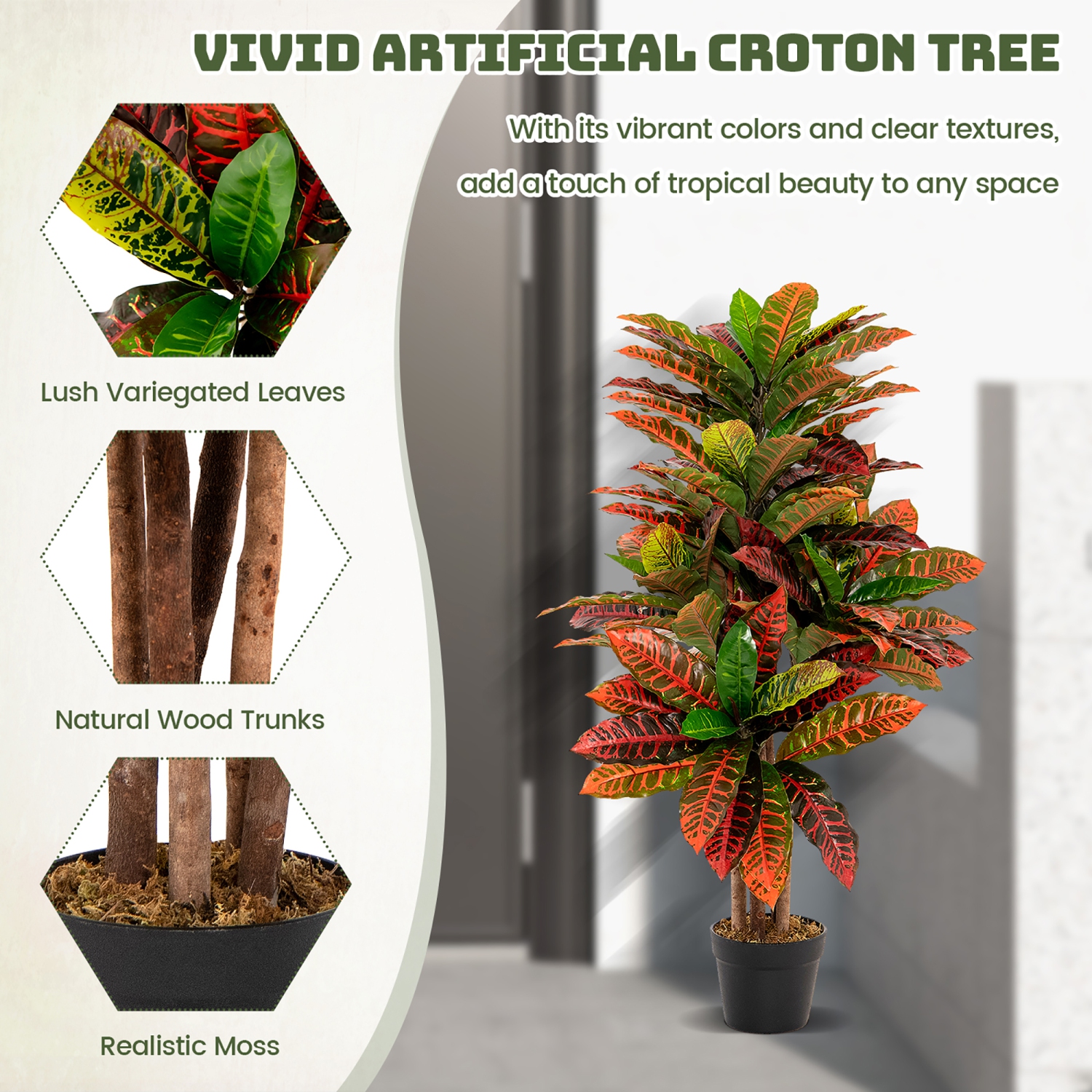 Gymax 40'' Tall Artificial Croton Plant w/ Colorful Variegated Leaves & Natural Wood Trunks