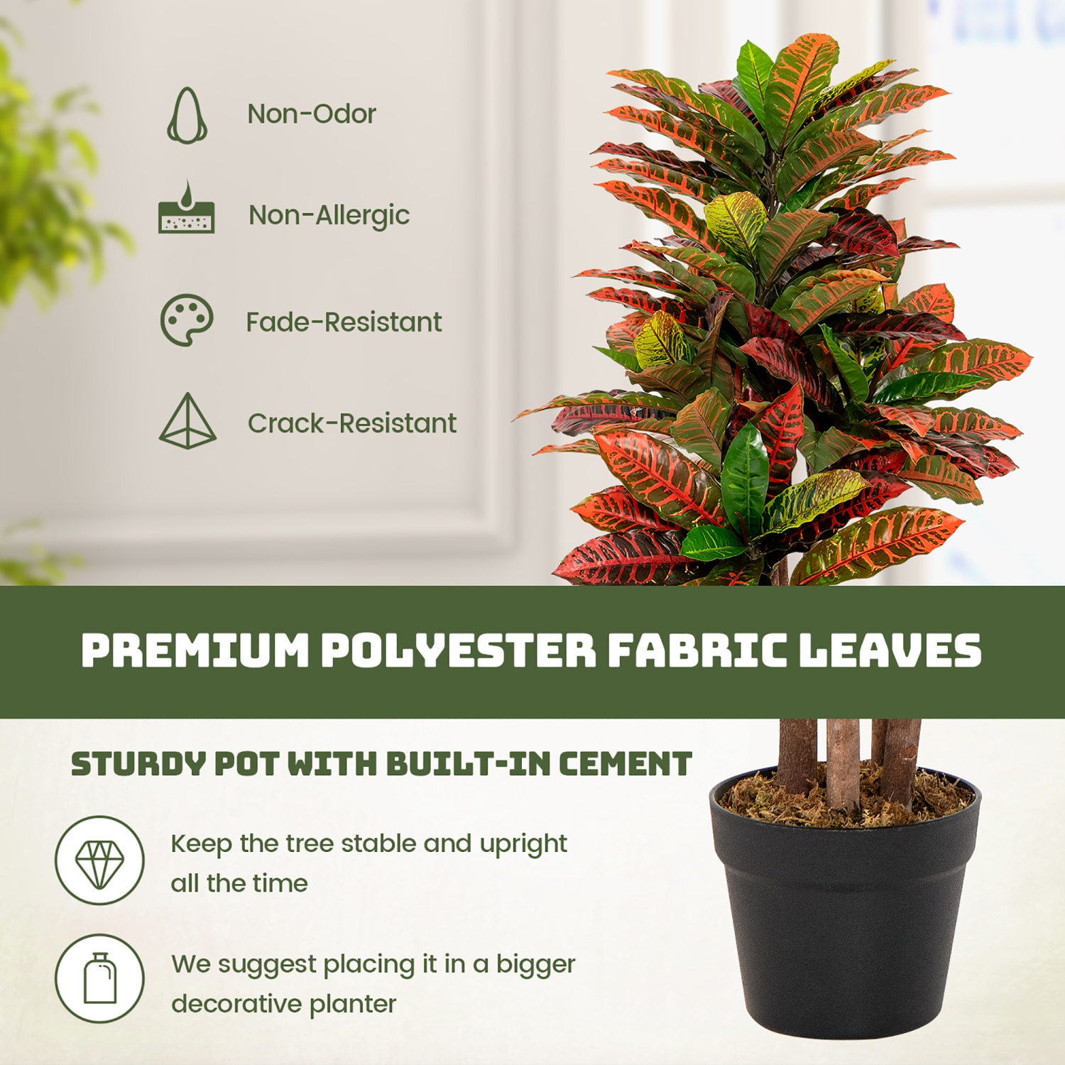 Gymax 40'' Tall Artificial Croton Plant w/ Colorful Variegated Leaves & Natural Wood Trunks