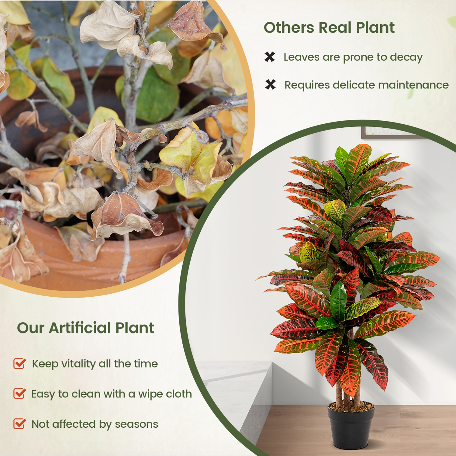 Gymax 40'' Tall Artificial Croton Plant w/ Colorful Variegated Leaves & Natural Wood Trunks