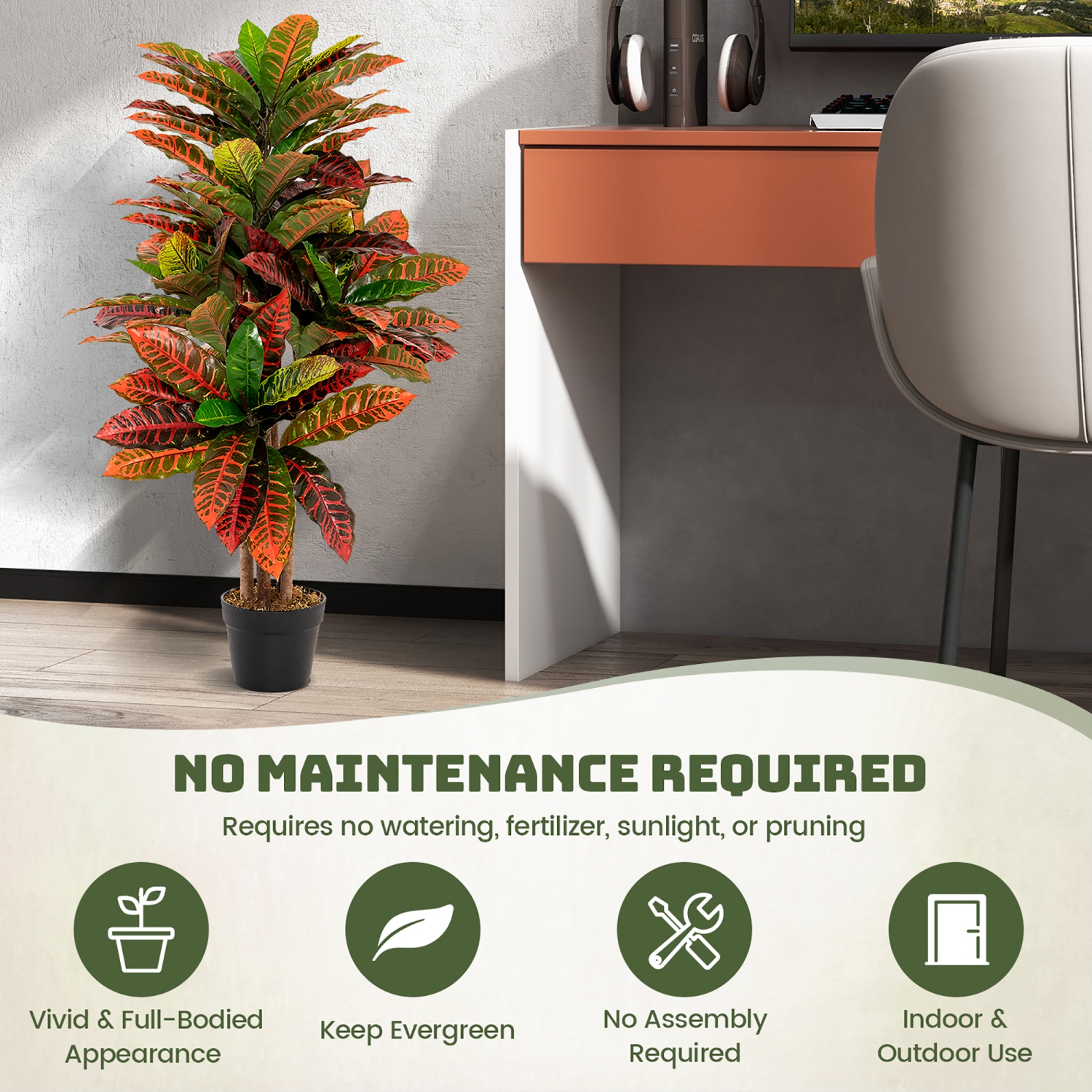 Gymax 40'' Tall Artificial Croton Plant w/ Colorful Variegated Leaves & Natural Wood Trunks
