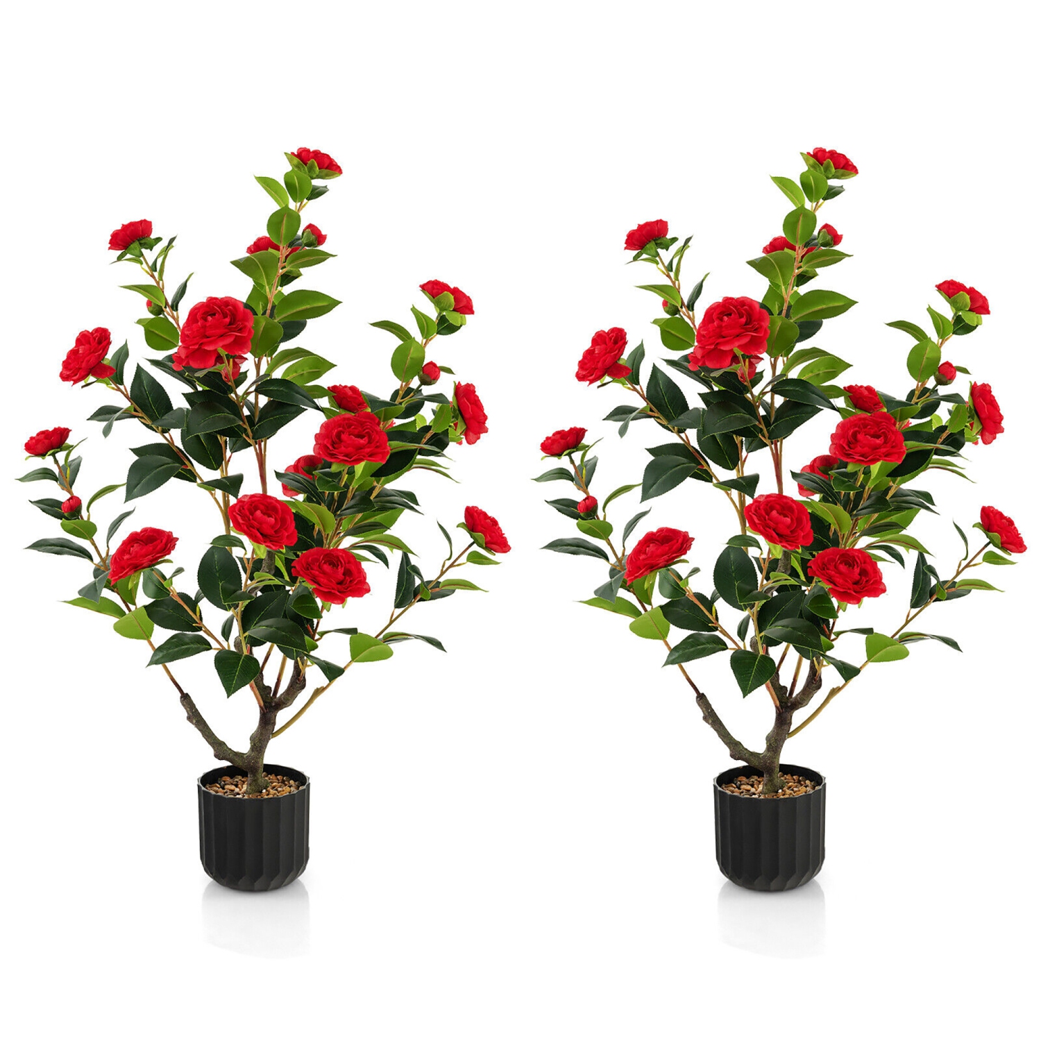 Gymax 2-Pack 38'' Artificial Camellia Tree Faux Floral Plant for Decoration Red