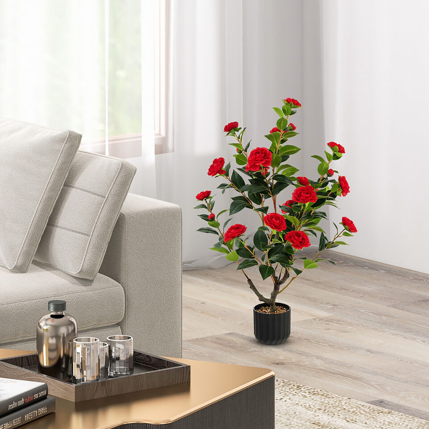 Gymax 2-Pack 38'' Artificial Camellia Tree Faux Floral Plant for Decoration Red