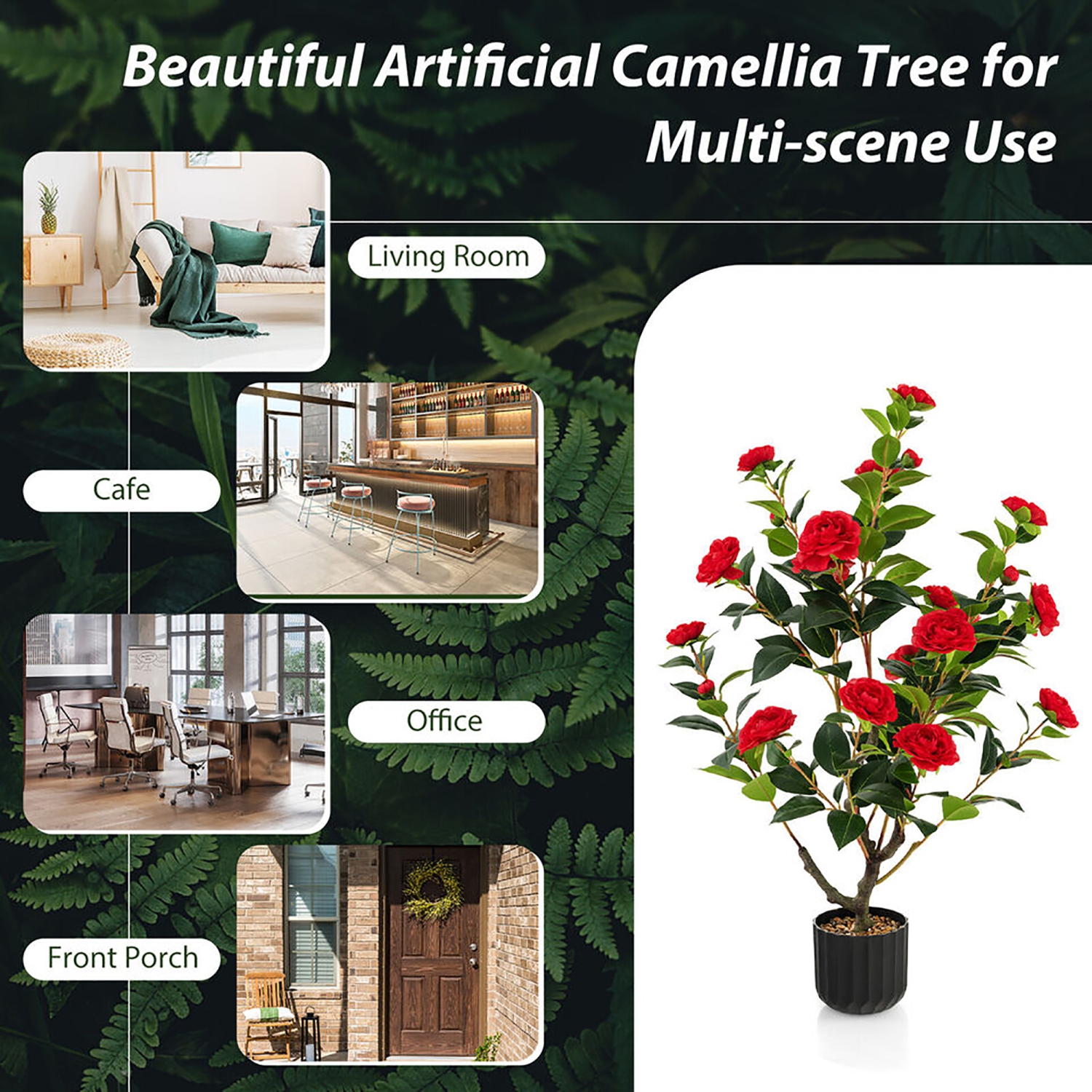 Gymax 2-Pack 38'' Artificial Camellia Tree Faux Floral Plant for Decoration Red