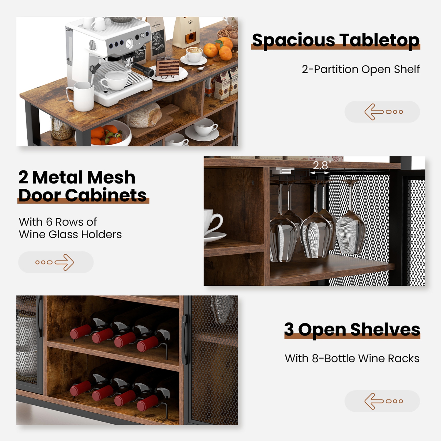 Gymax Wine Bar Cabinet 55-Inch Buffet Sideboard with 8-Bottle Wine Racks