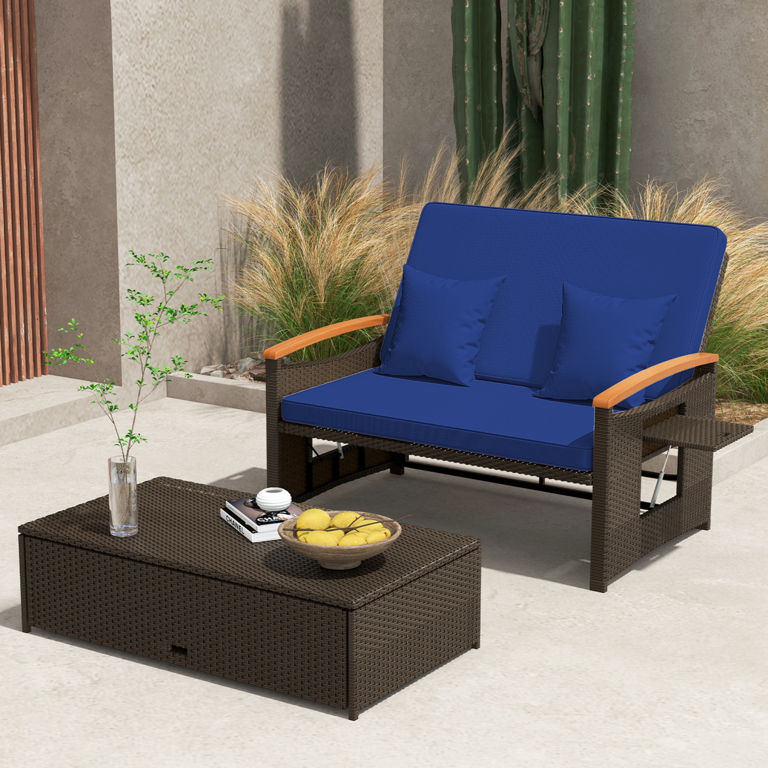 Gymax Outdoor Wicker Daybed Patio Loveseat & Storage Ottoman Set w/ Navy Cushions