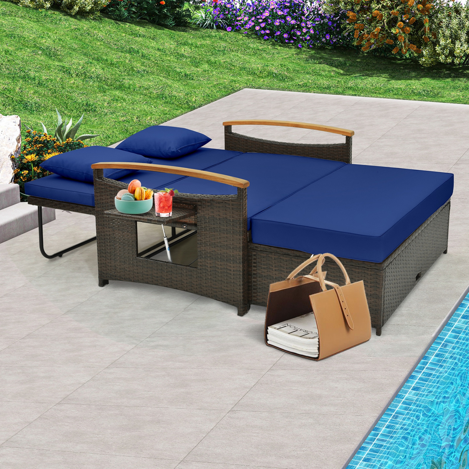 Gymax Outdoor Wicker Daybed Patio Loveseat & Storage Ottoman Set w/ Navy Cushions