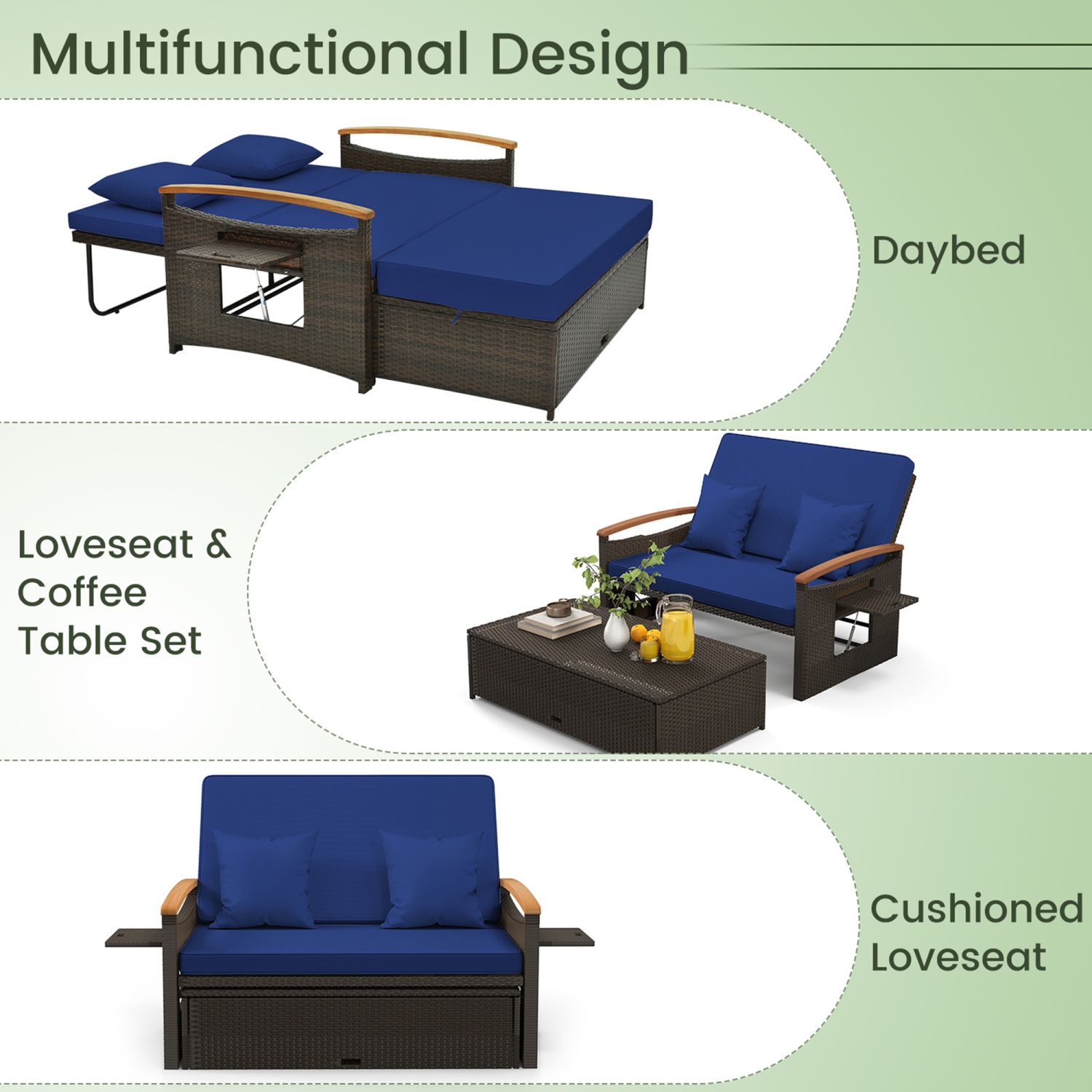 Gymax Outdoor Wicker Daybed Patio Loveseat & Storage Ottoman Set w/ Navy Cushions