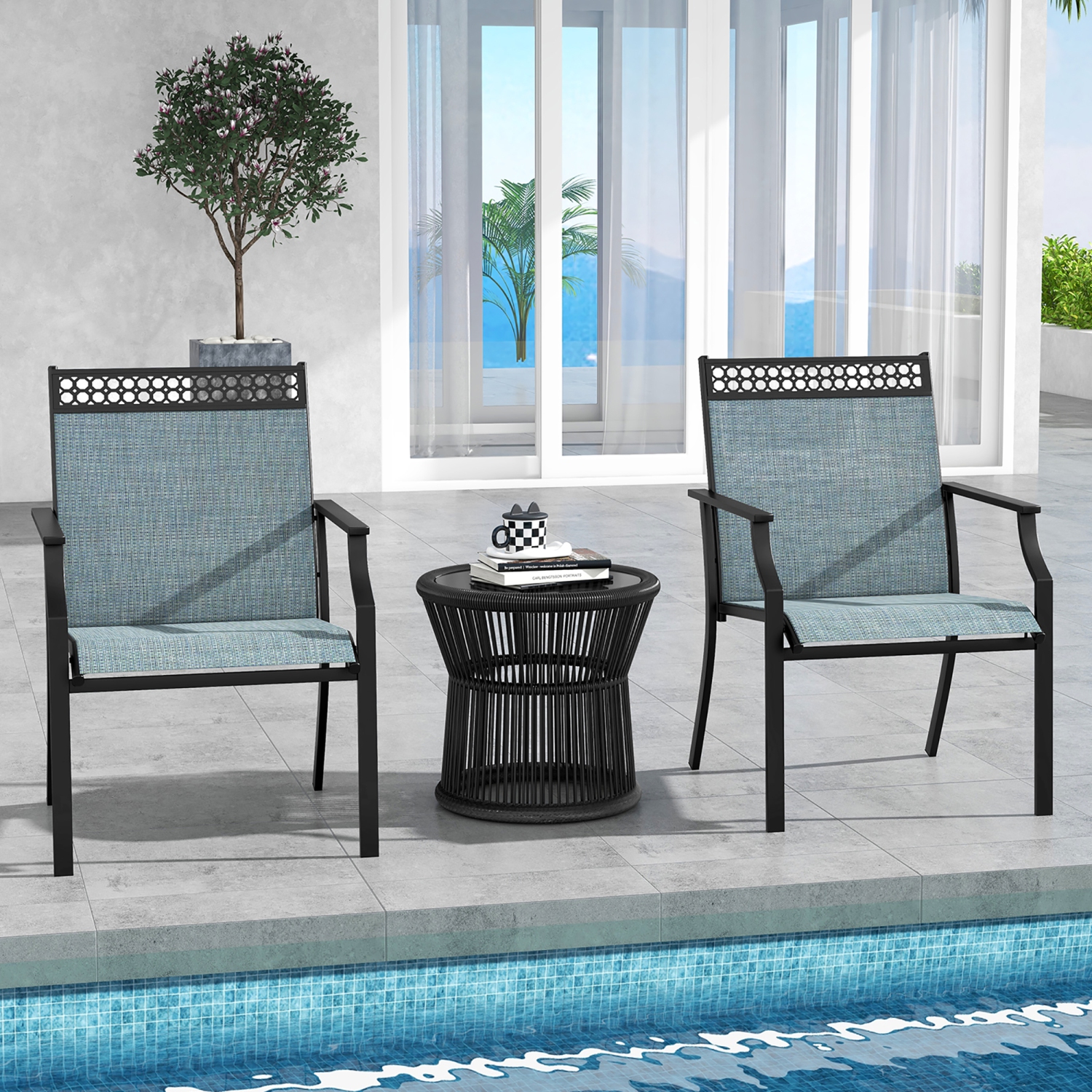 Gymax Patio Dining Chairs Set of 4 All Weather Outdoor Chairs w/ High Back & Armrests Blue