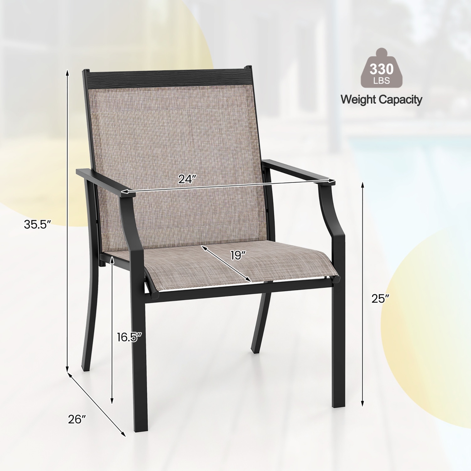 Gymax Patio Chairs Set of 4 Dining Chairs w/ Curved Backrest Long Armrest Breathable Fabric