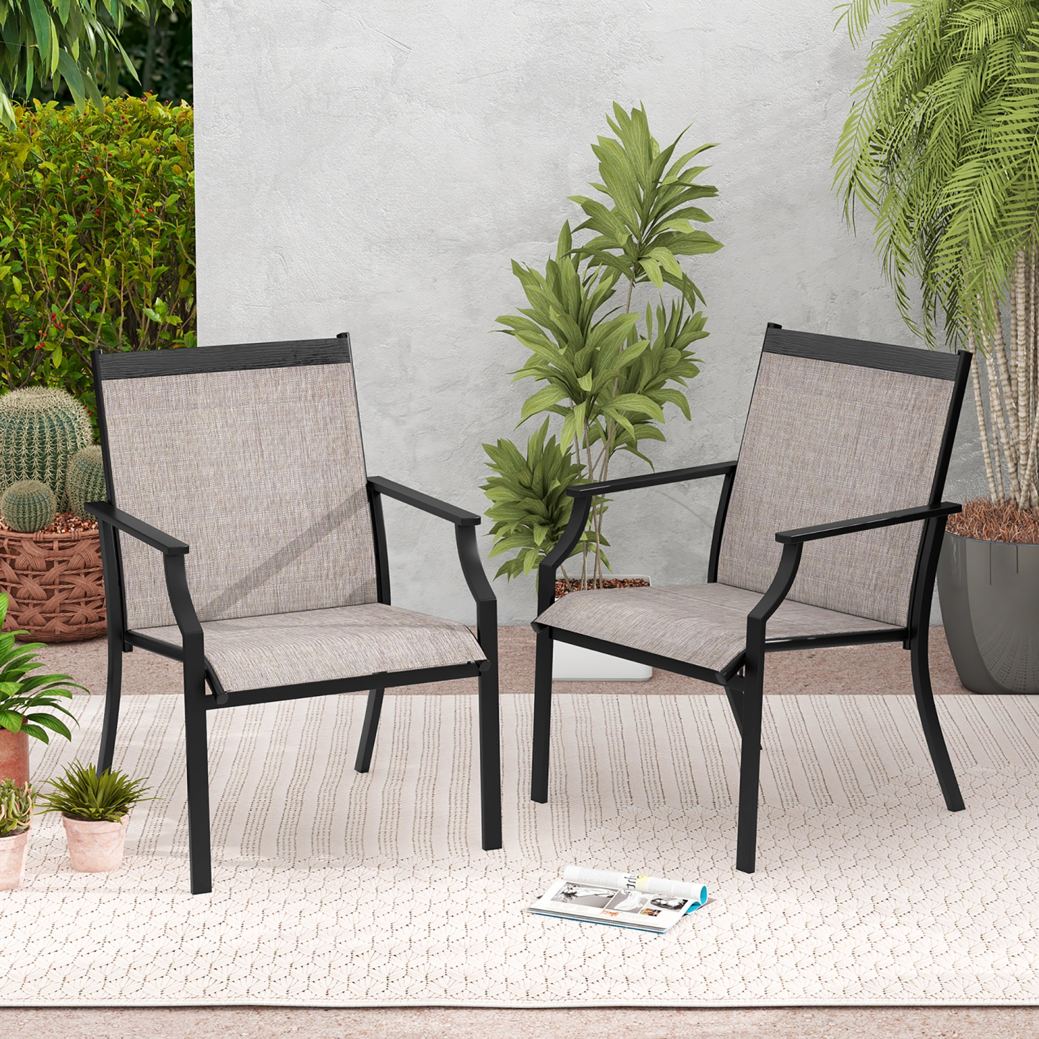 Gymax Patio Chairs Set of 4 Dining Chairs w/ Curved Backrest Long Armrest Breathable Fabric