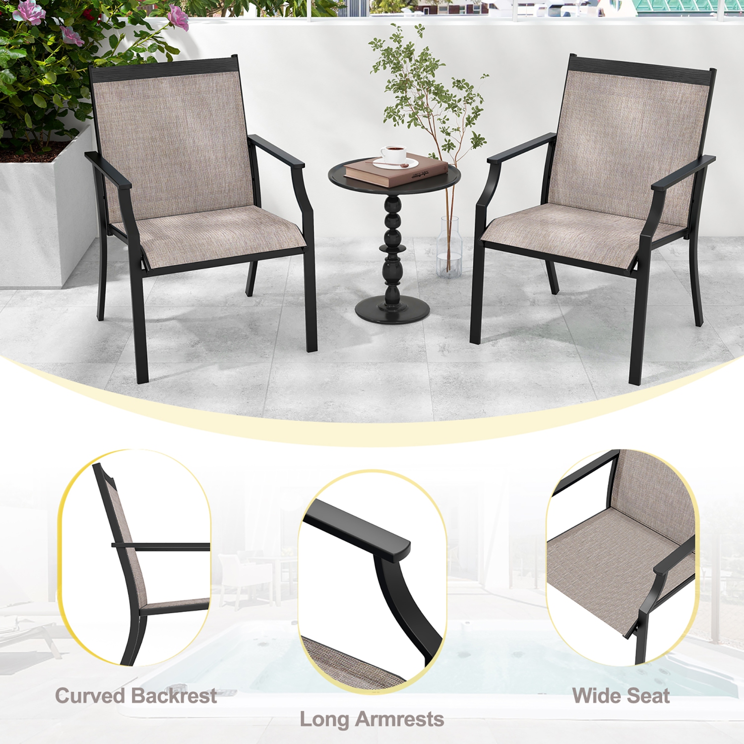 Gymax Patio Chairs Set of 4 Dining Chairs w/ Curved Backrest Long Armrest Breathable Fabric