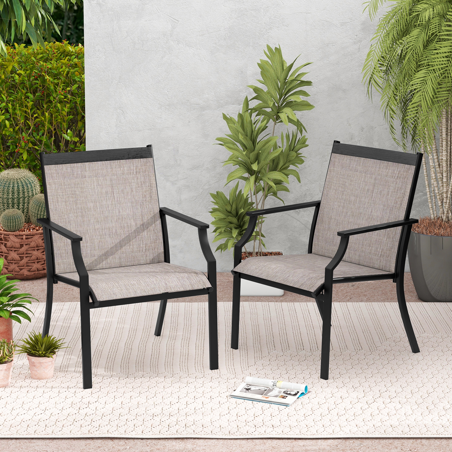 Gymax Set of 2 Patio Dining Chairs Outdoor Armchairs w/ Sturdy Metal Frame