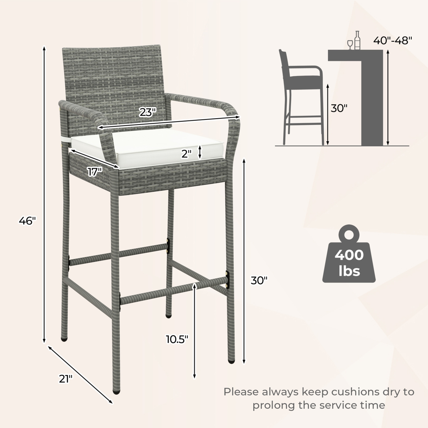 Gymax Set of 2 Rattan Patio Bar Stools Outdoor Bar Height Chairs w/ Cushions
