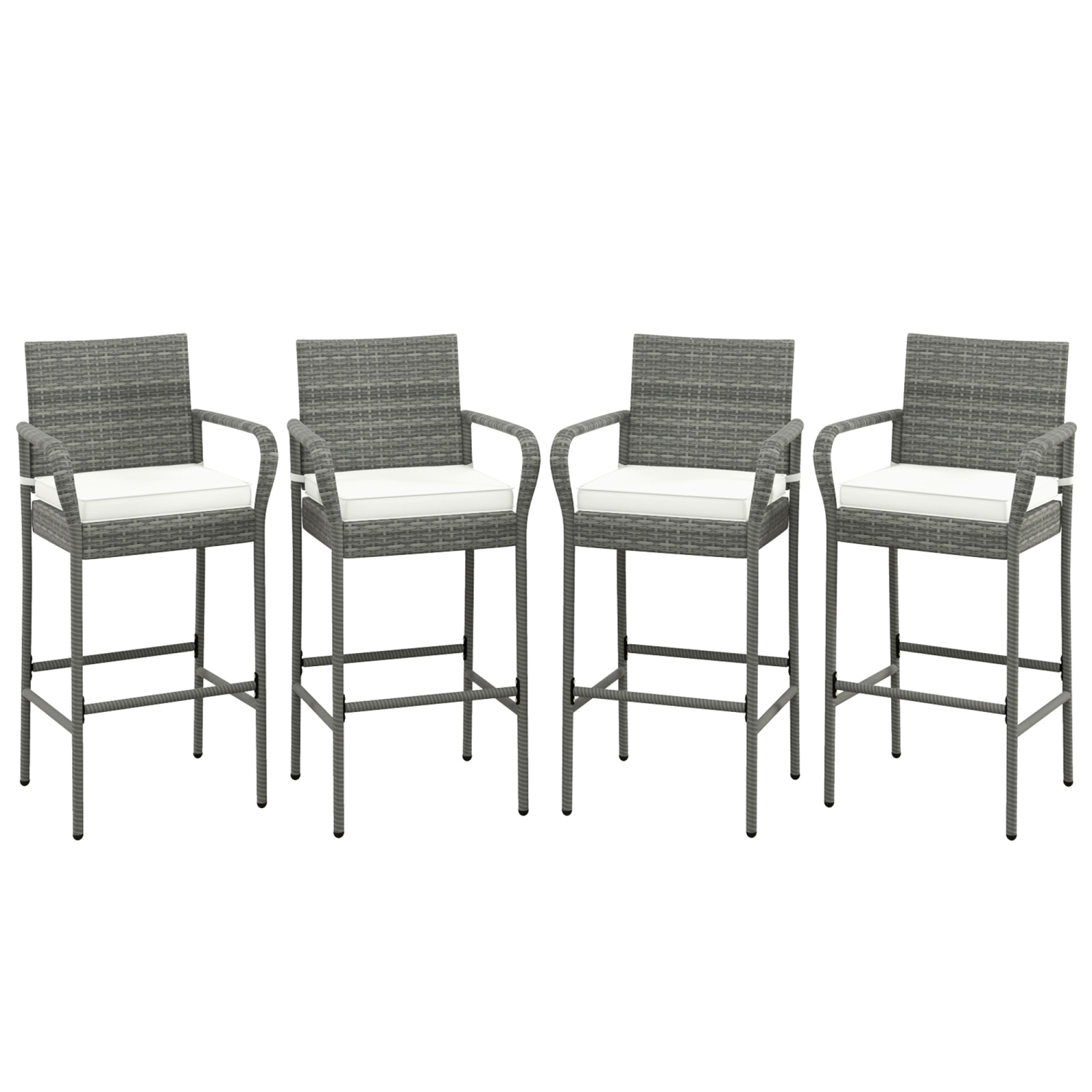 Gymax Set of 4 Rattan Patio Bar Stools Outdoor Bar Height Chairs w/ Cushions