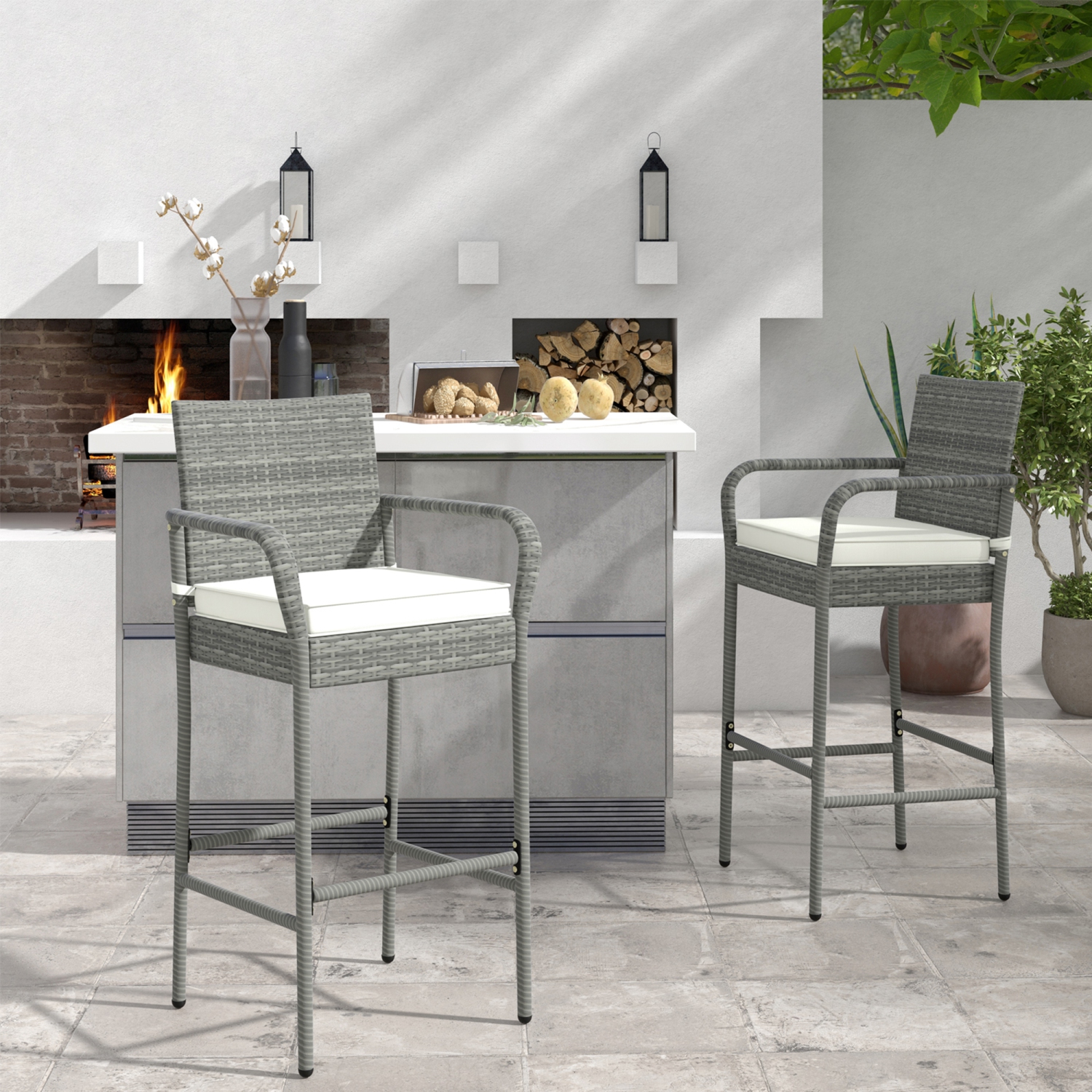 Gymax Set of 4 Rattan Patio Bar Stools Outdoor Bar Height Chairs w/ Cushions