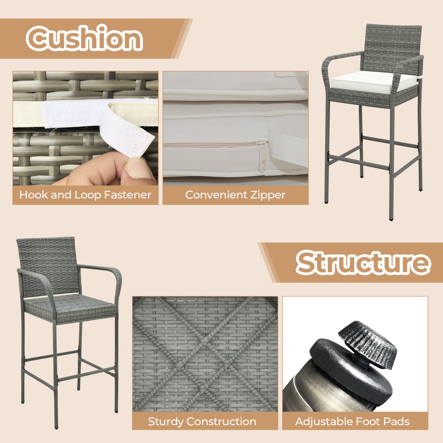 Gymax Set of 4 Rattan Patio Bar Stools Outdoor Bar Height Chairs w/ Cushions