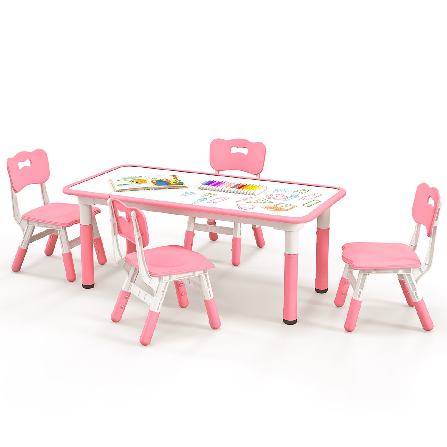 Gymax Kids Height Adjustable Table and 4 Chairs Set with Graffiti Desktop