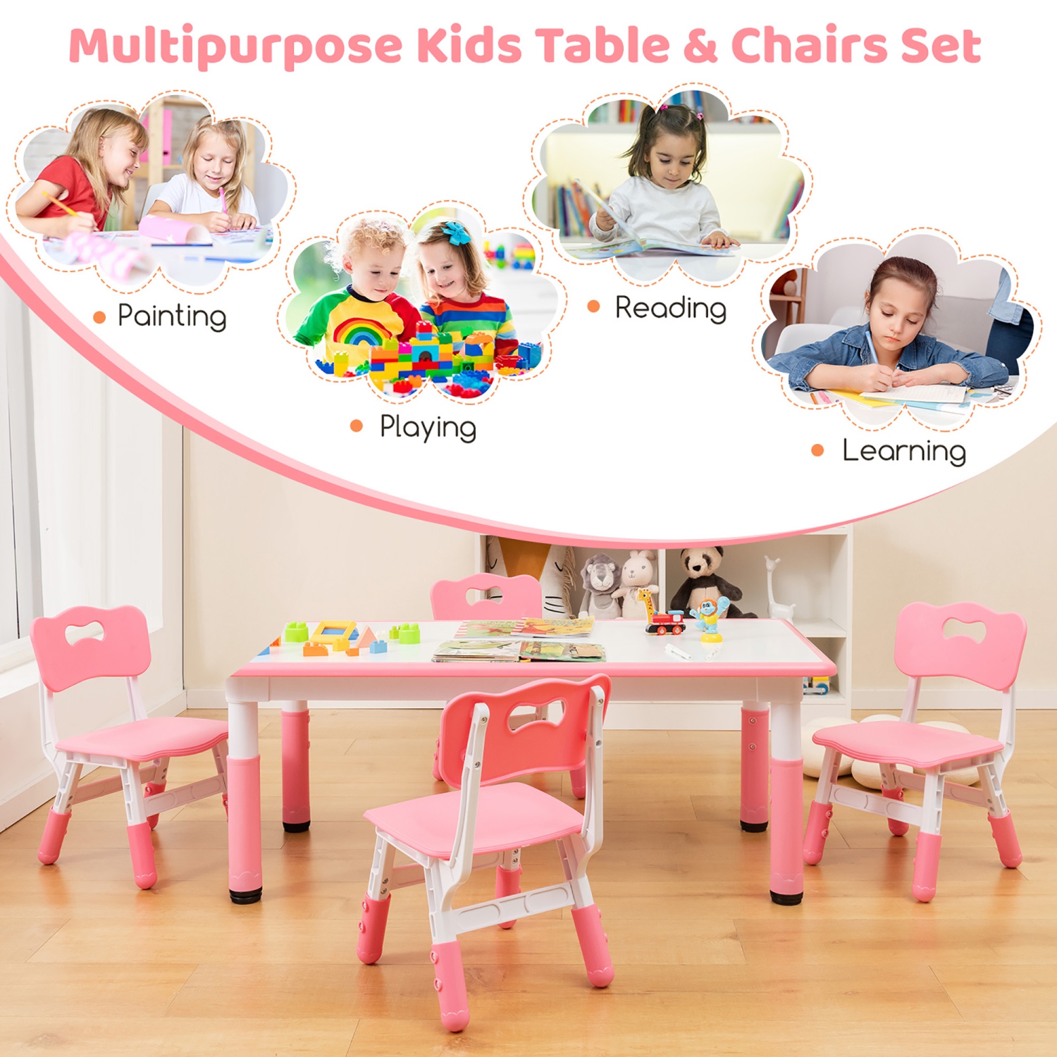 Gymax Kids Height Adjustable Table and 4 Chairs Set with Graffiti Desktop