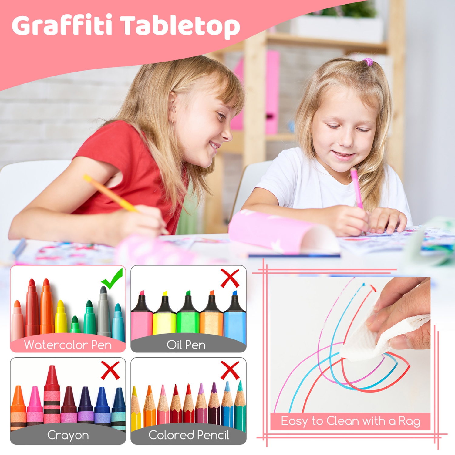 Gymax Kids Height Adjustable Table and 4 Chairs Set with Graffiti Desktop