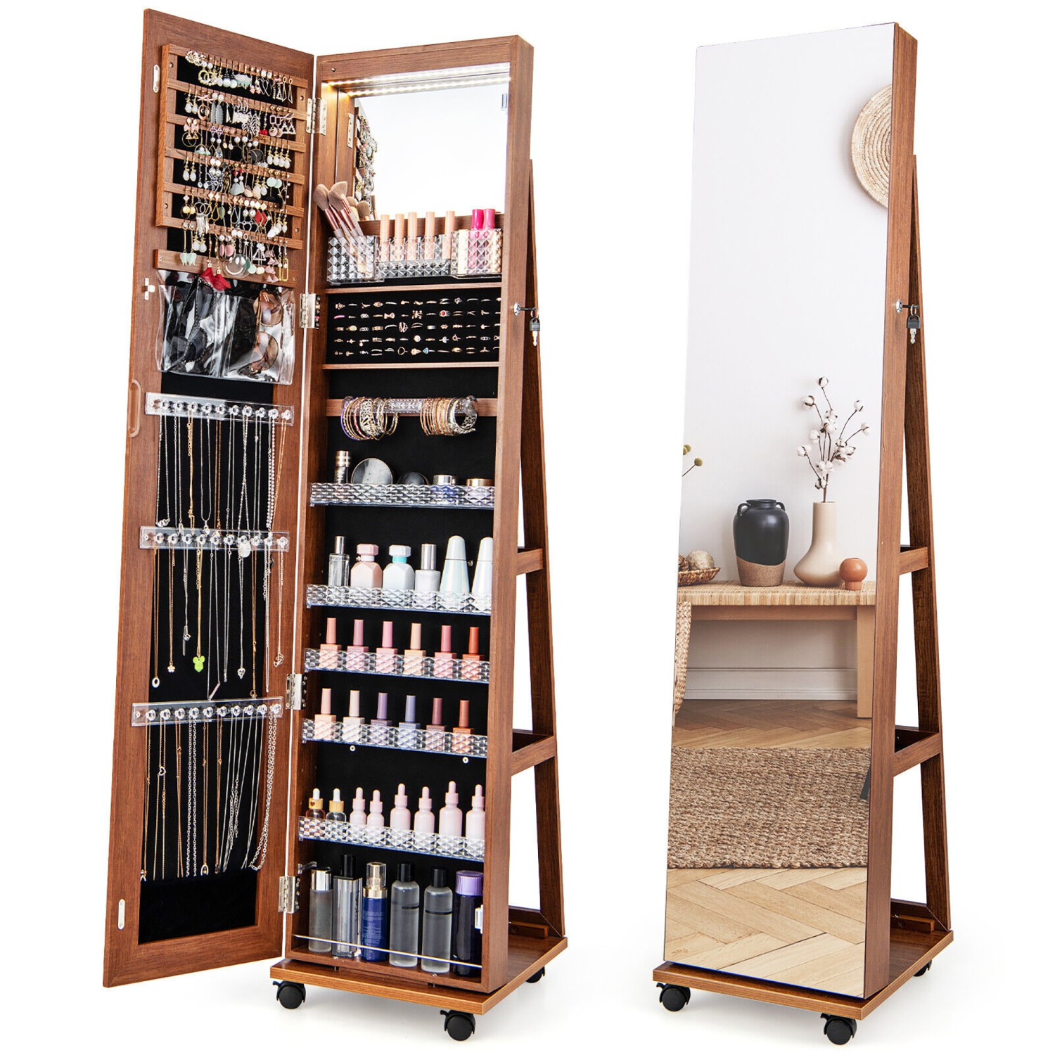 Gymax 64'' Jewelry Organizer Lockable Jewelry Cabinet Armoire w/ Mirror & LED Lights