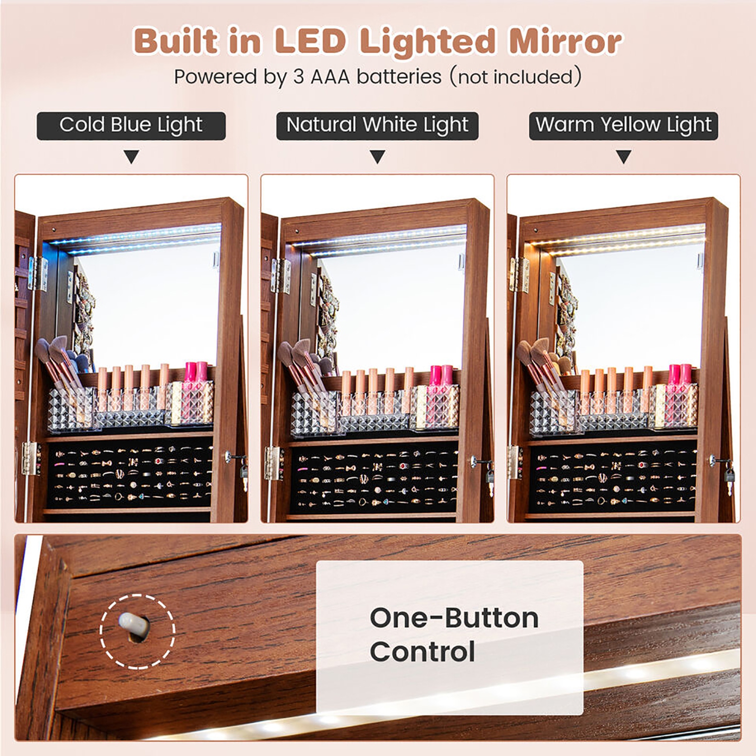 Gymax 64'' Jewelry Organizer Lockable Jewelry Cabinet Armoire w/ Mirror & LED Lights