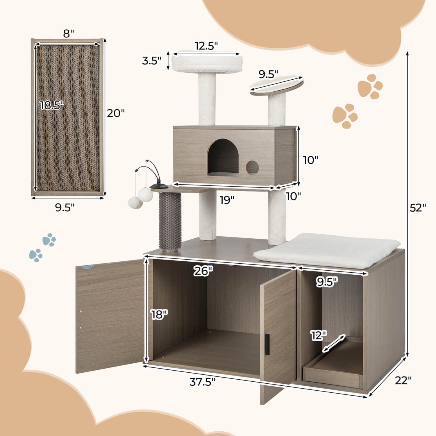 Gymax Cat Tree with Litter Box Enclosure 2-in-1 Modern Cat Tower with Cat Condo