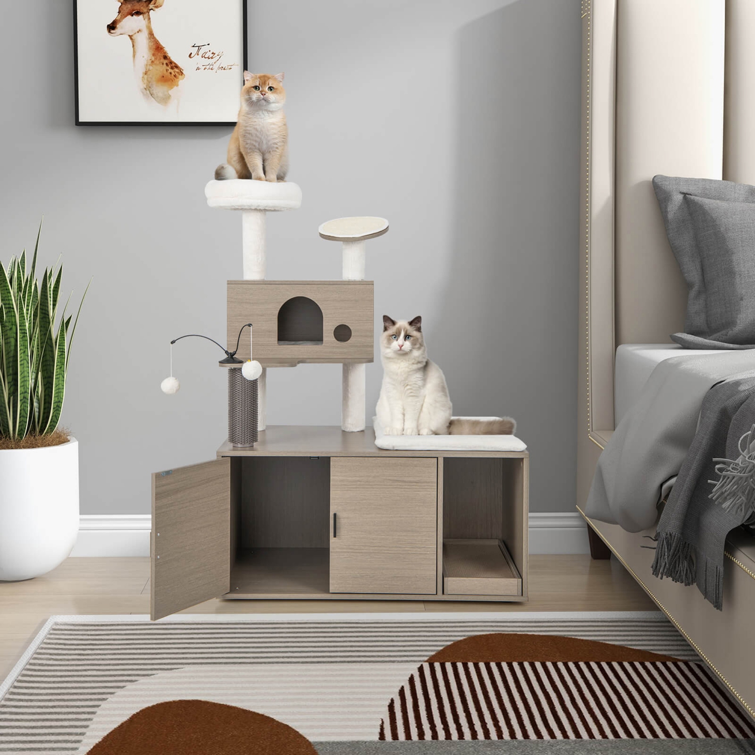 Gymax Cat Tree with Litter Box Enclosure 2-in-1 Modern Cat Tower with Cat Condo