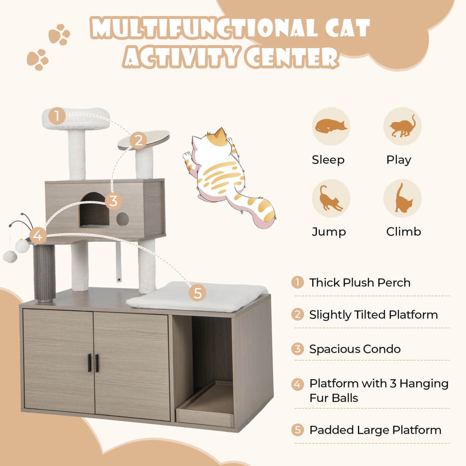 Gymax Cat Tree with Litter Box Enclosure 2-in-1 Modern Cat Tower with Cat Condo