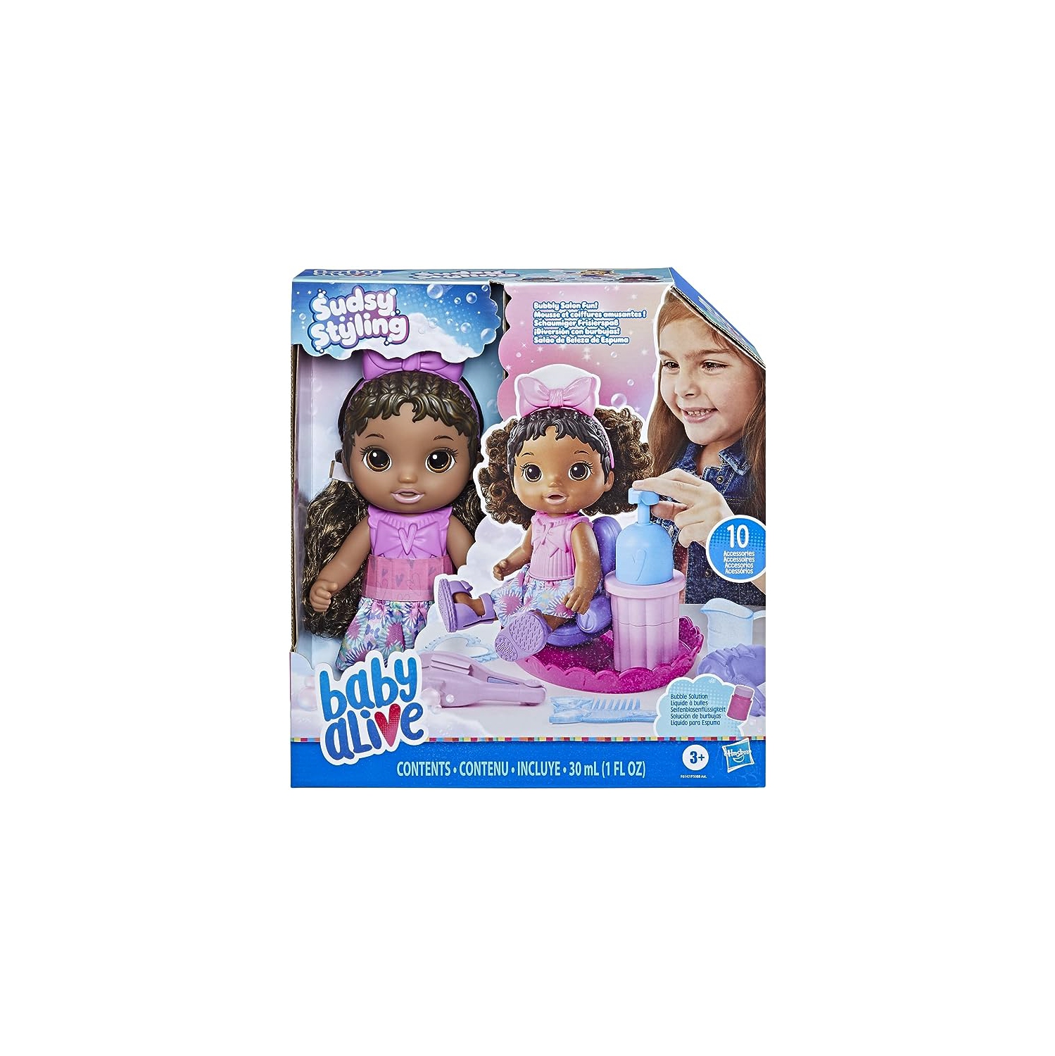 Baby Alive Sudsy Styling Doll, Black Hair, Includes 12-Inch Baby Doll, Salon Chair, Baby Doll Accessories