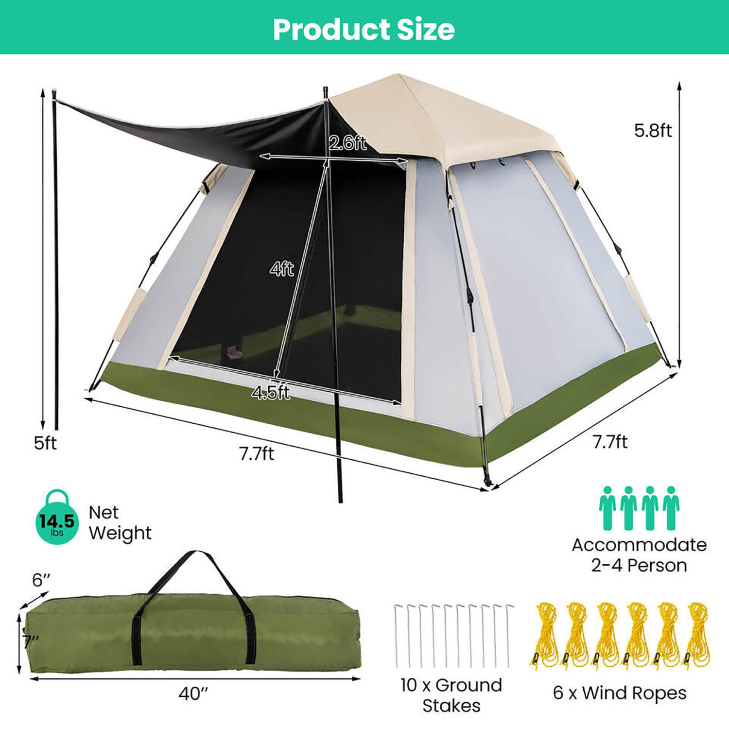 Gymax Instant Pop-up Tent 2-4 Person Camping Tent w/ Removable Rainfly & Carrying Bag